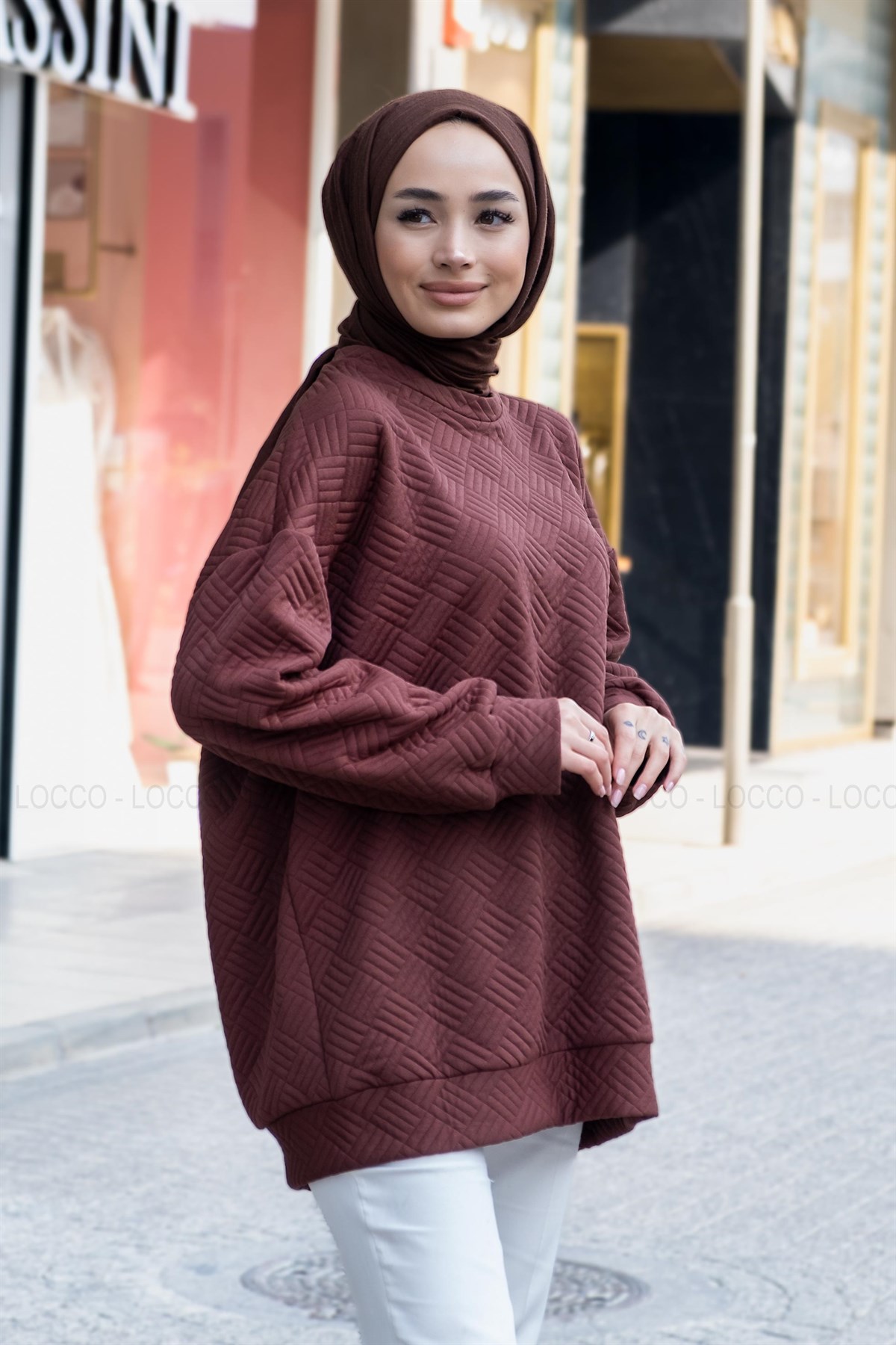 Uygun Fiyatlı KENDINDEN DESENLI TUNIK KAHVERENGI | Loccomoda.com 