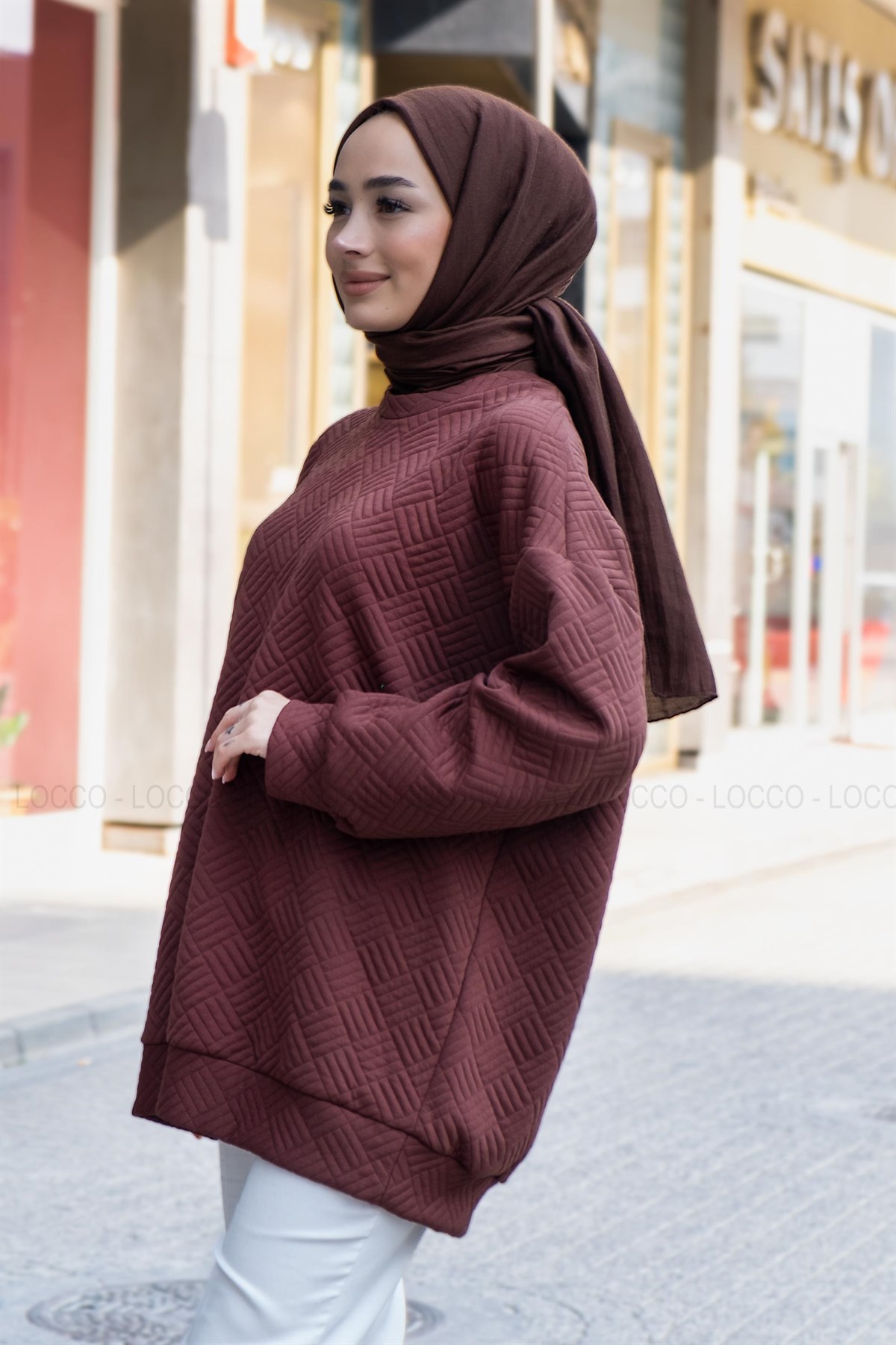 Uygun Fiyatlı KENDINDEN DESENLI TUNIK KAHVERENGI | Loccomoda.com 