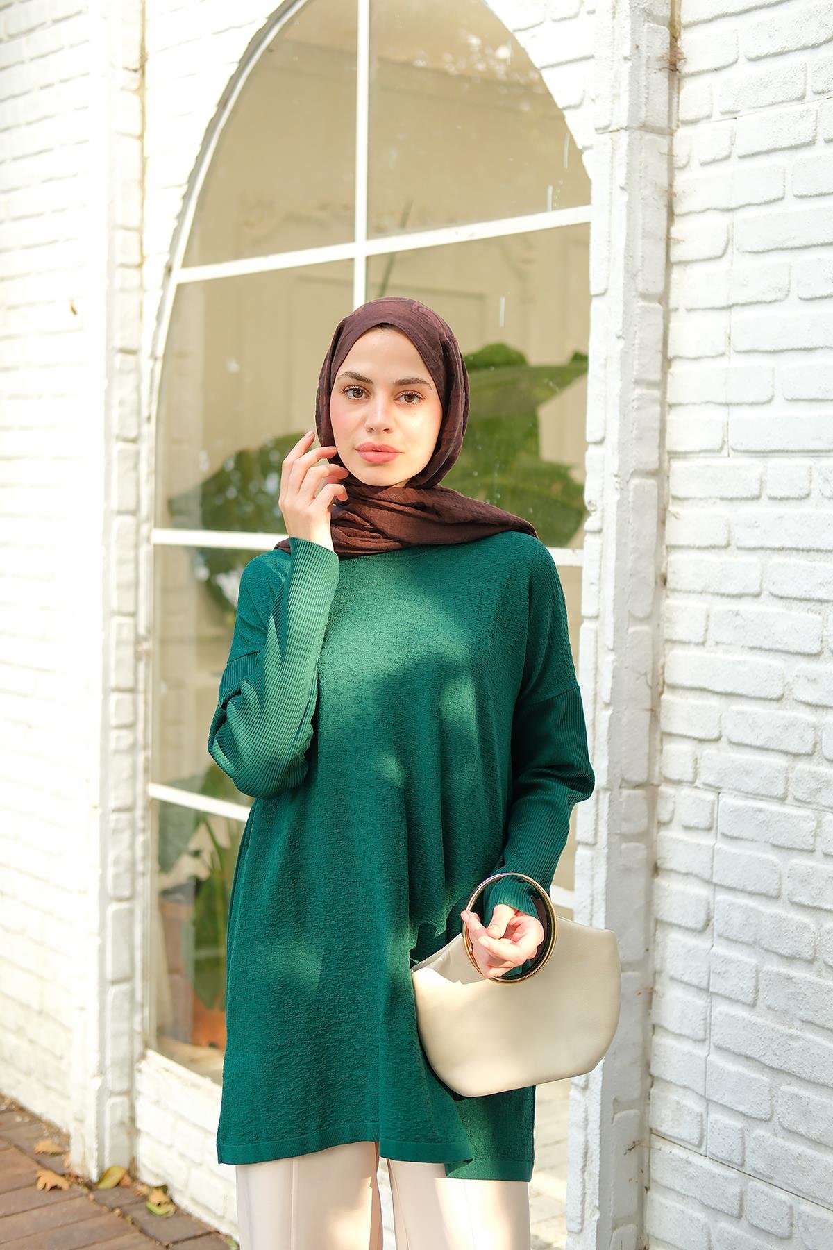 Kendinden Desenli Tunik Zümrüt Yeşil