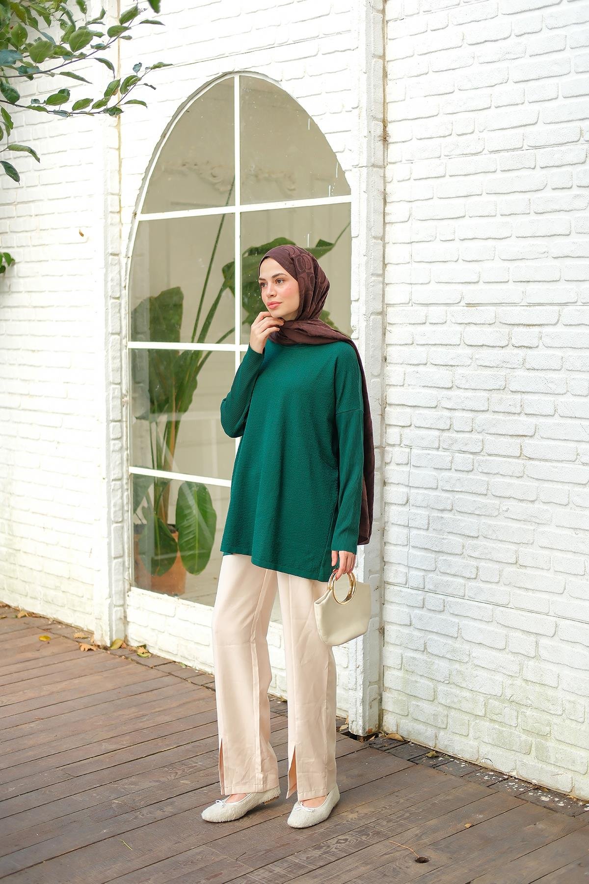 Kendinden Desenli Tunik Zümrüt Yeşil