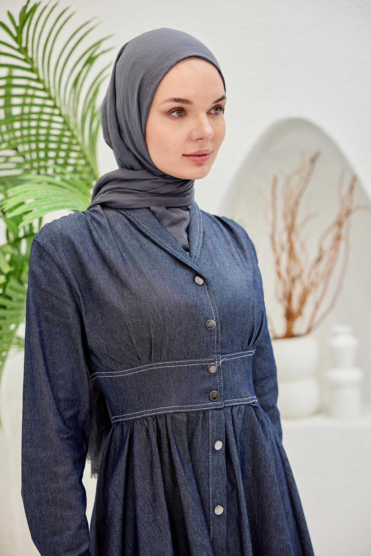 Kendinden Kemerli Kot Elbise  Mavi