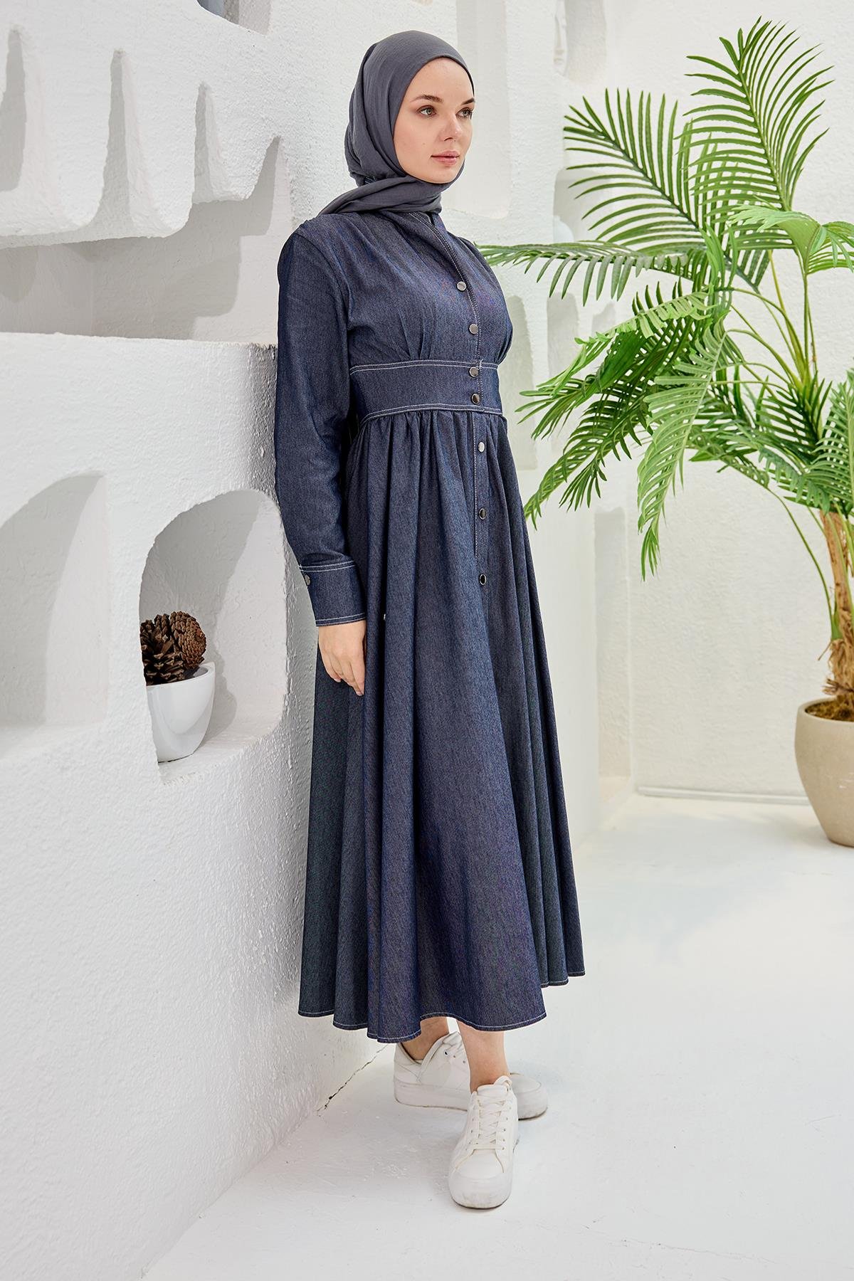 Kendinden Kemerli Kot Elbise  Mavi