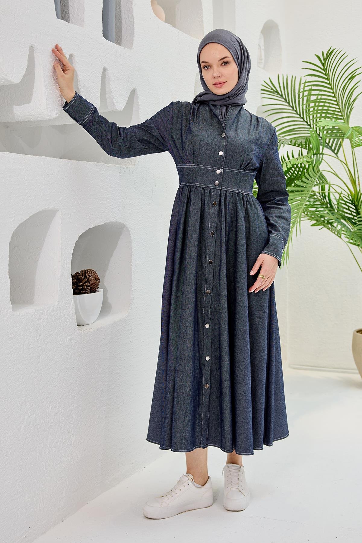 Kendinden Kemerli Kot Elbise  Mavi