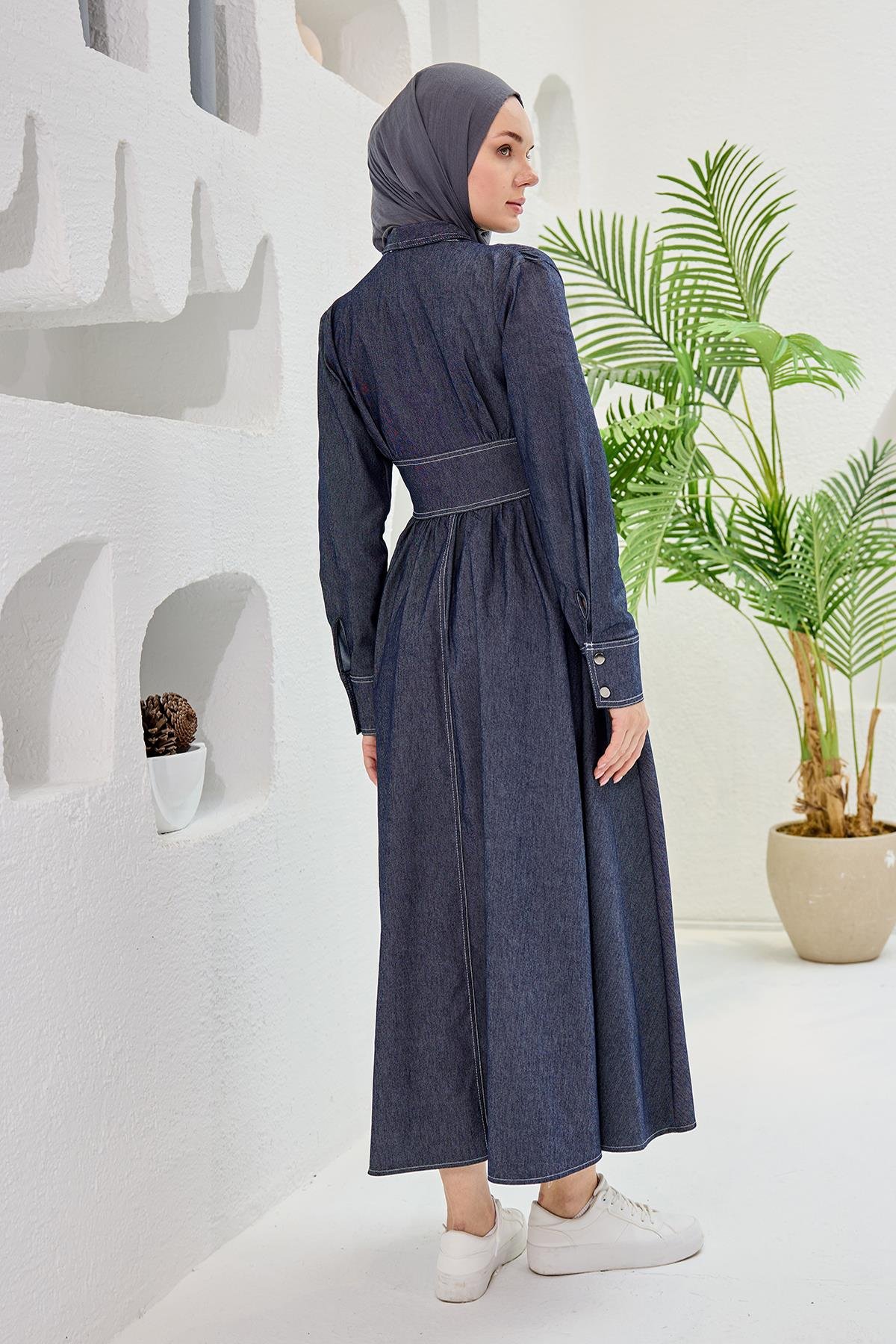 Kendinden Kemerli Kot Elbise  Mavi