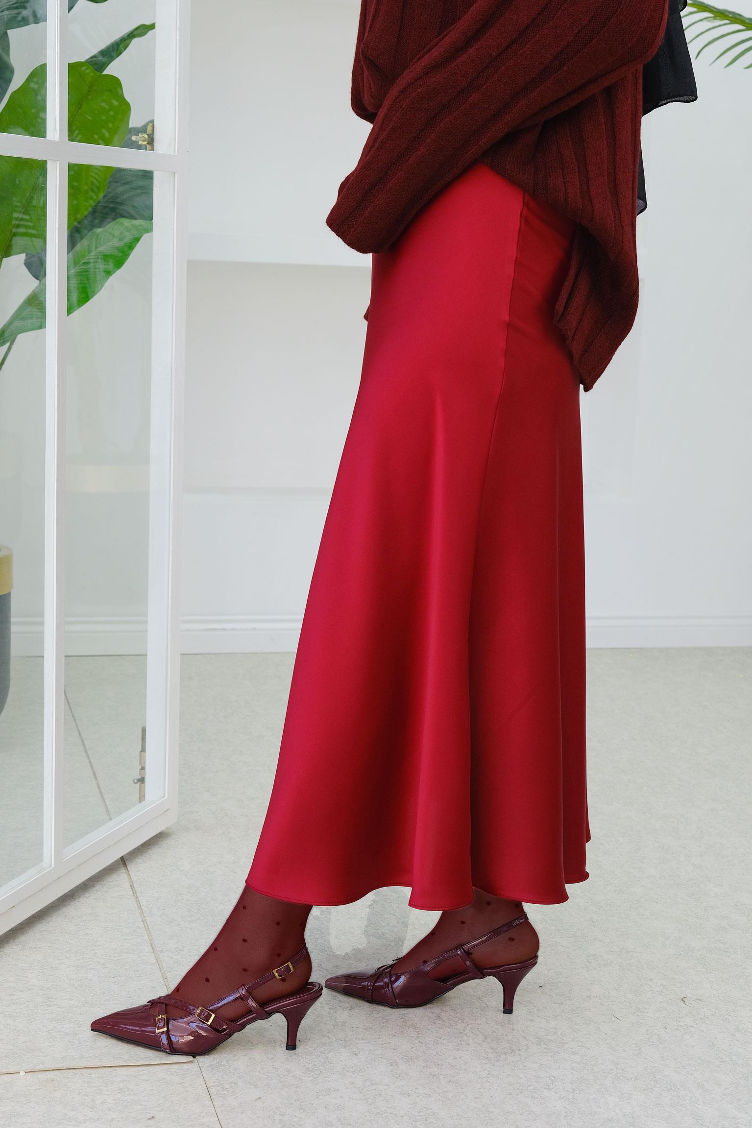 Kiloş Saten Etek  Bordo