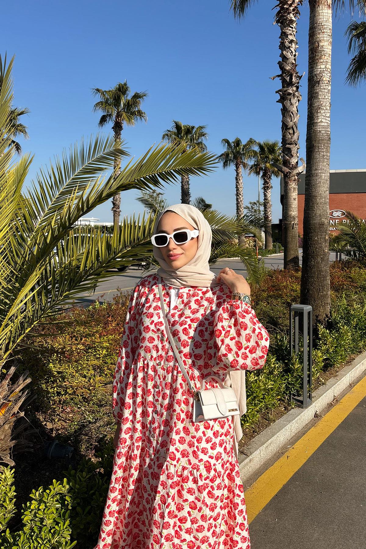 Kiraz Ve Çicek Desenli Elbise Kırmızı