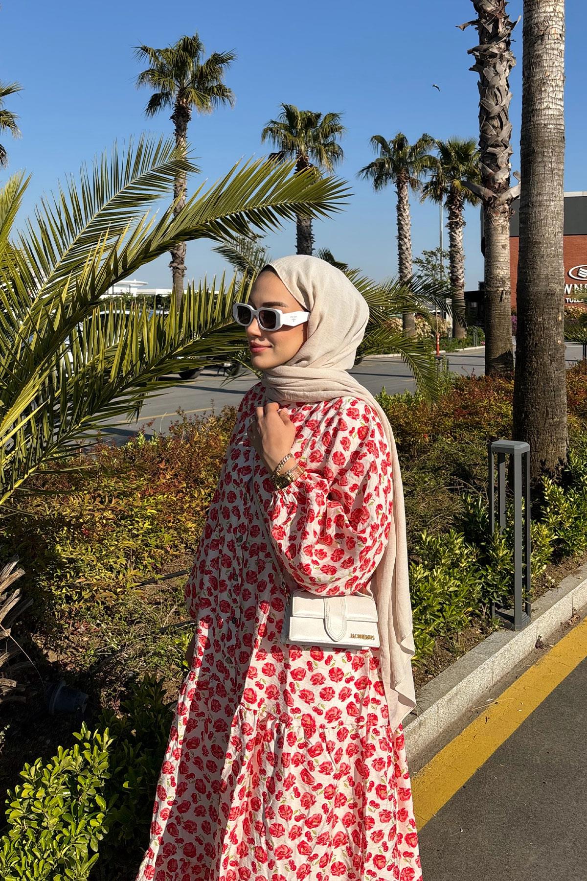 Kiraz Ve Çicek Desenli Elbise Kırmızı