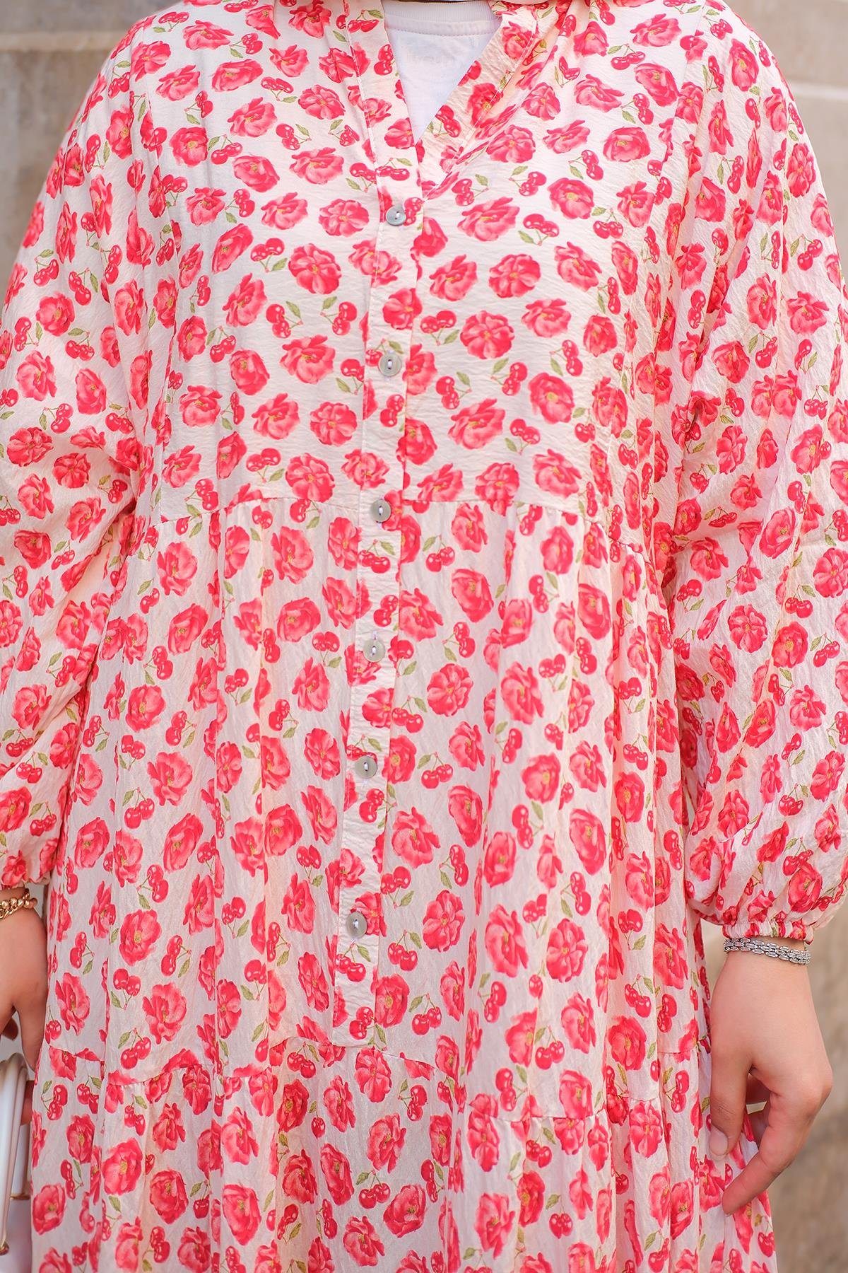 Kiraz Ve Çicek Desenli Elbise Kırmızı