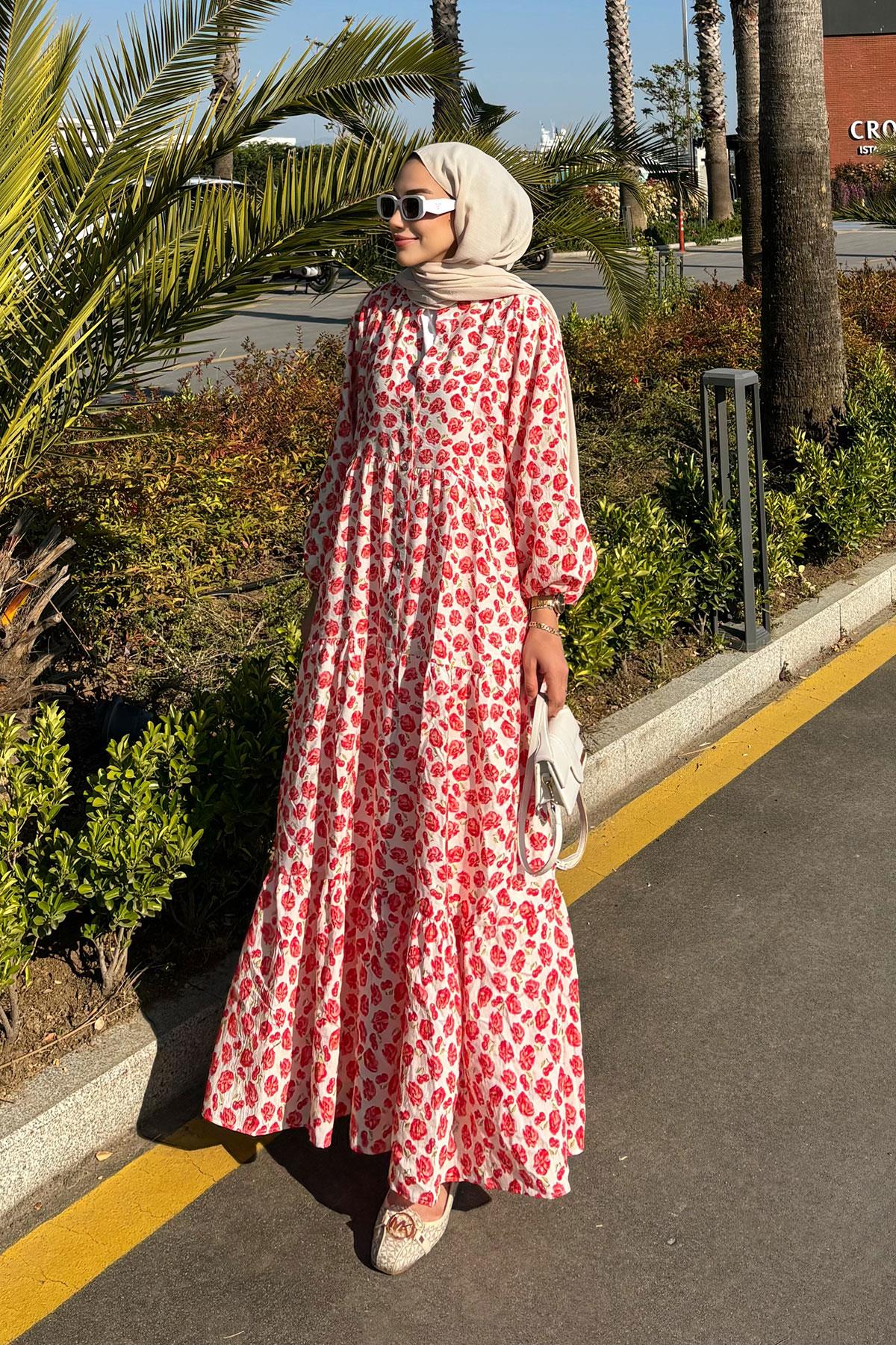 Kiraz Ve Çicek Desenli Elbise Kırmızı