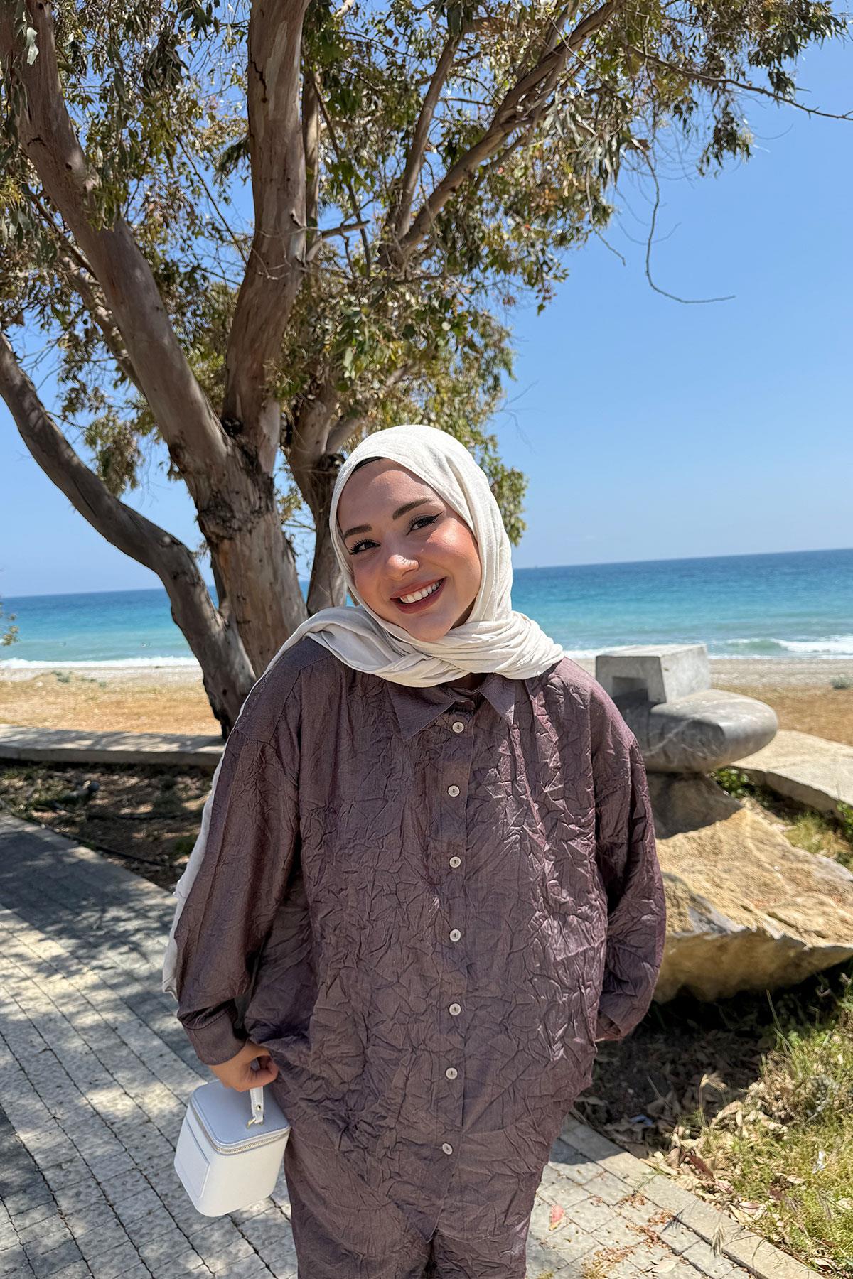 Kırışık Kumaş Takım Bordo