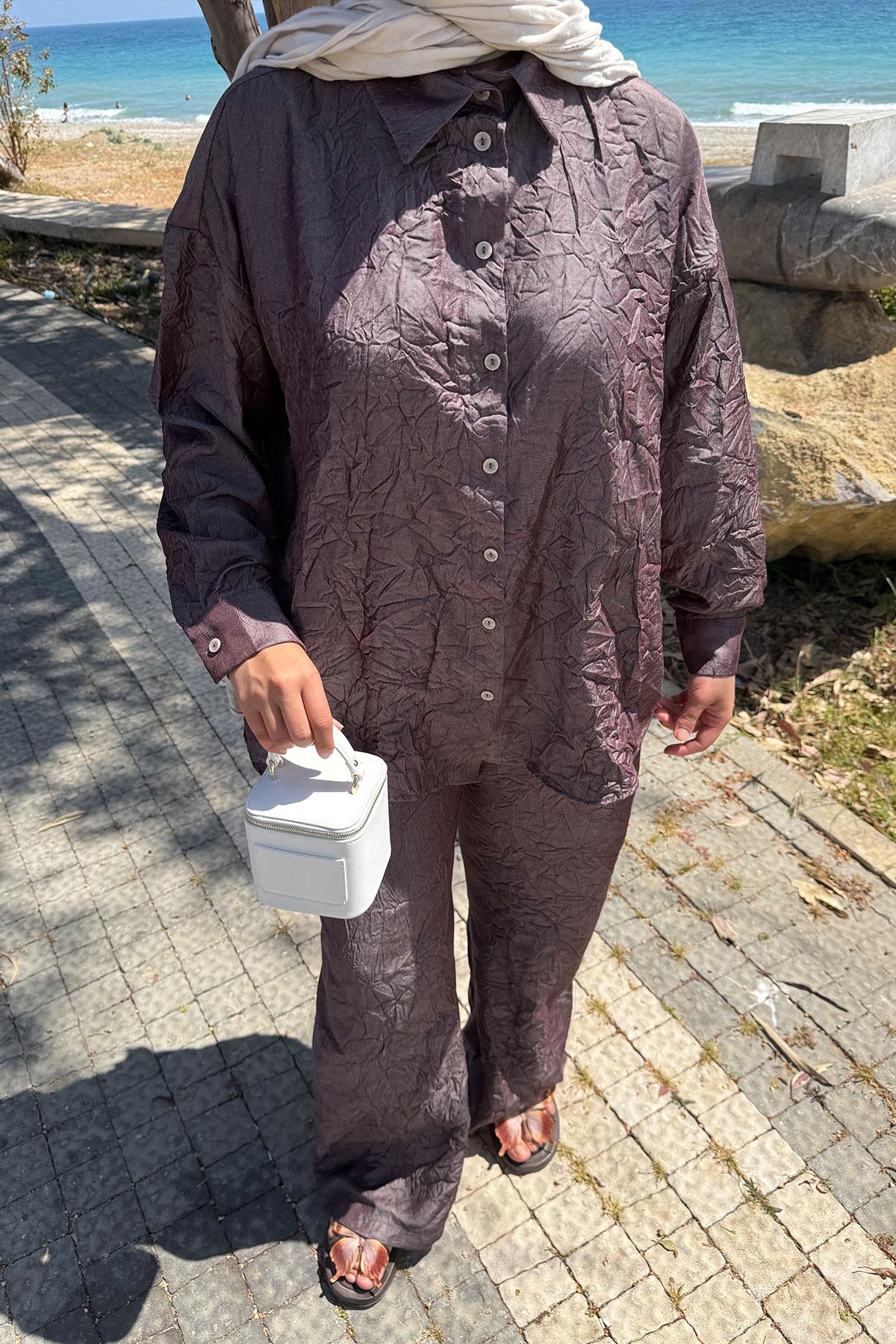 Kırışık Kumaş Takım Bordo