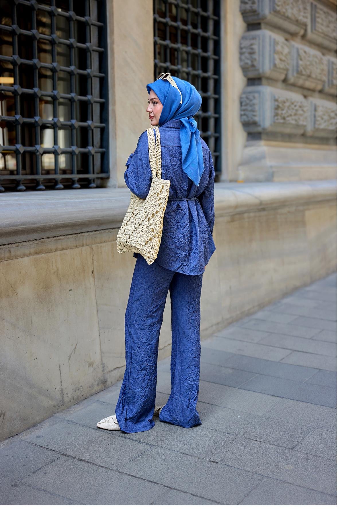 Kırışık Kumaş Takım Lacivert