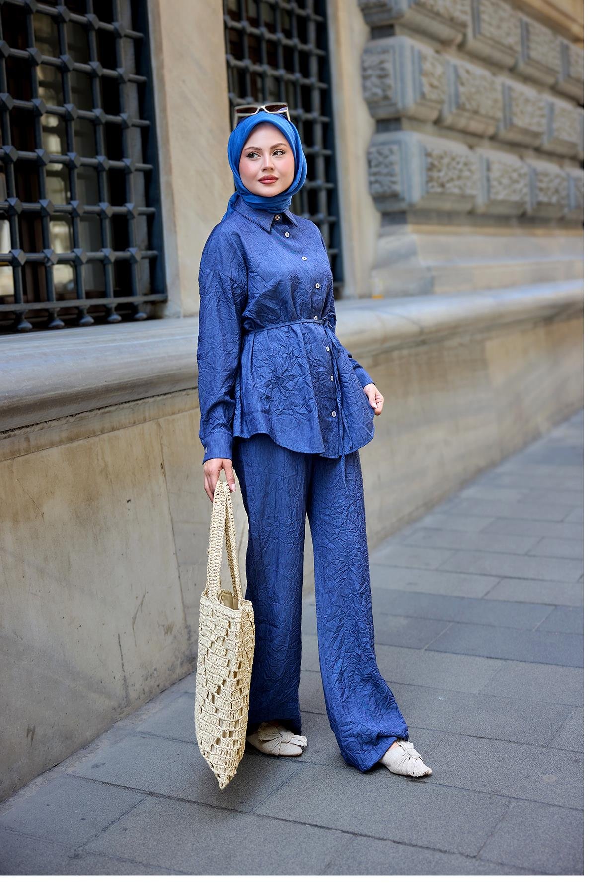 Kırışık Kumaş Takım Lacivert