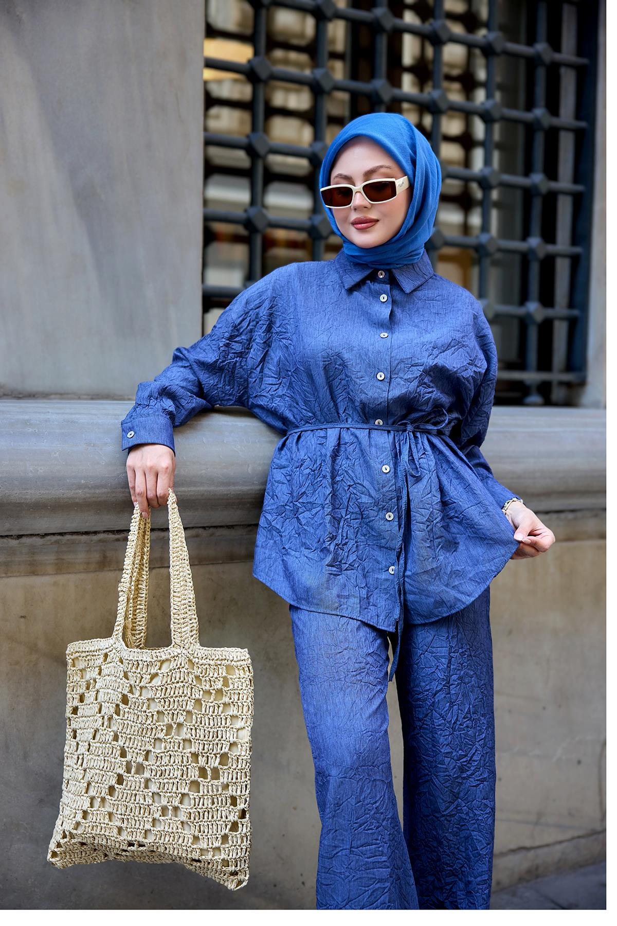 Kırışık Kumaş Takım Lacivert