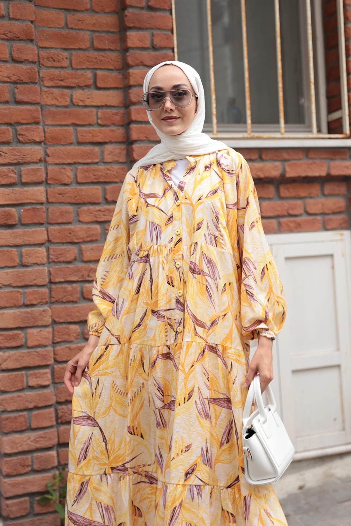 Kırlangıç Desenli Elbise Sarı