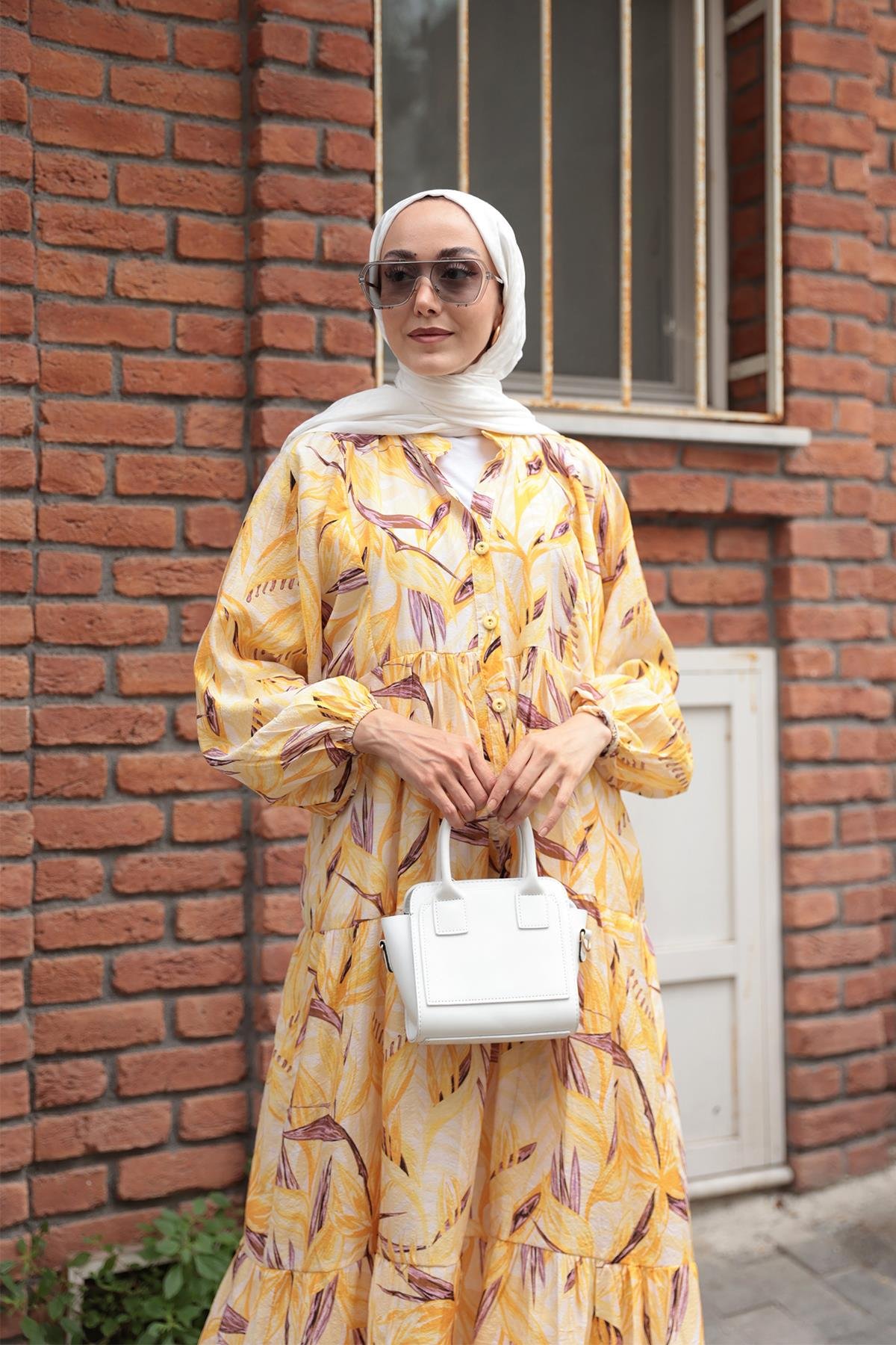 Kırlangıç Desenli Elbise Sarı