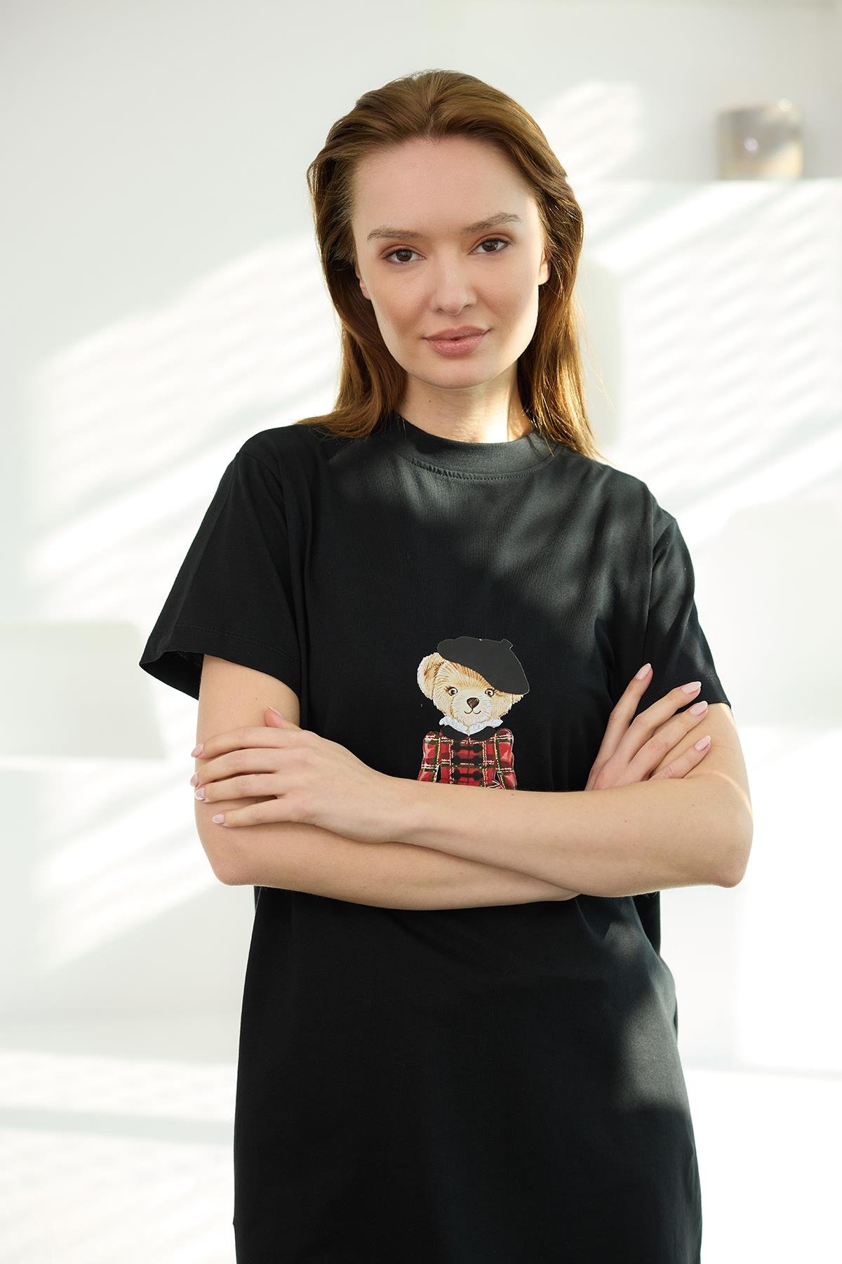 Kız Ayıcık Baskılı Basic Kısa Kollu İçlik Siyah