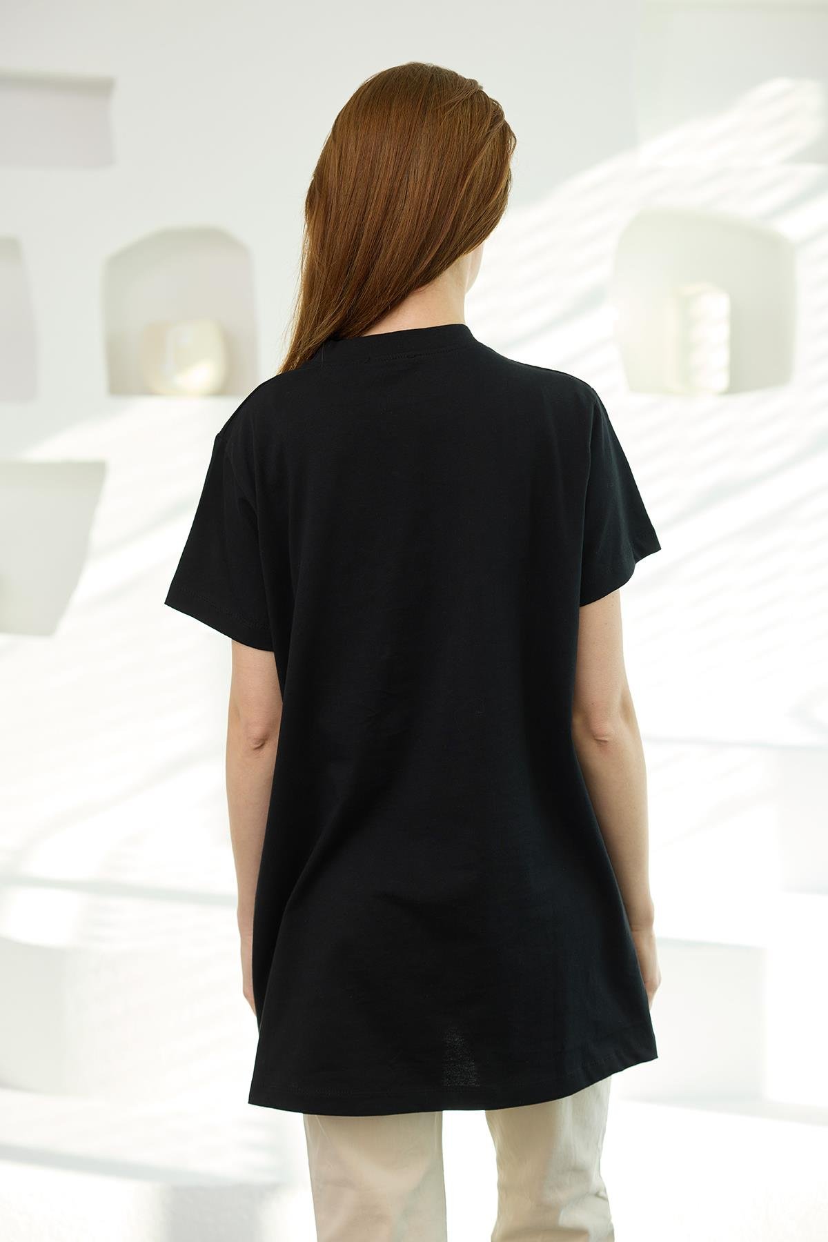 Kız Ayıcık Baskılı Basic Kısa Kollu İçlik Siyah