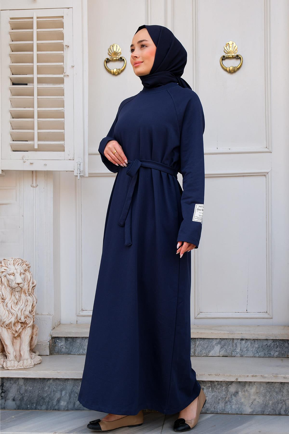 Kol Arma Detaylı Bisiklet Yaka Elbise Lacivert