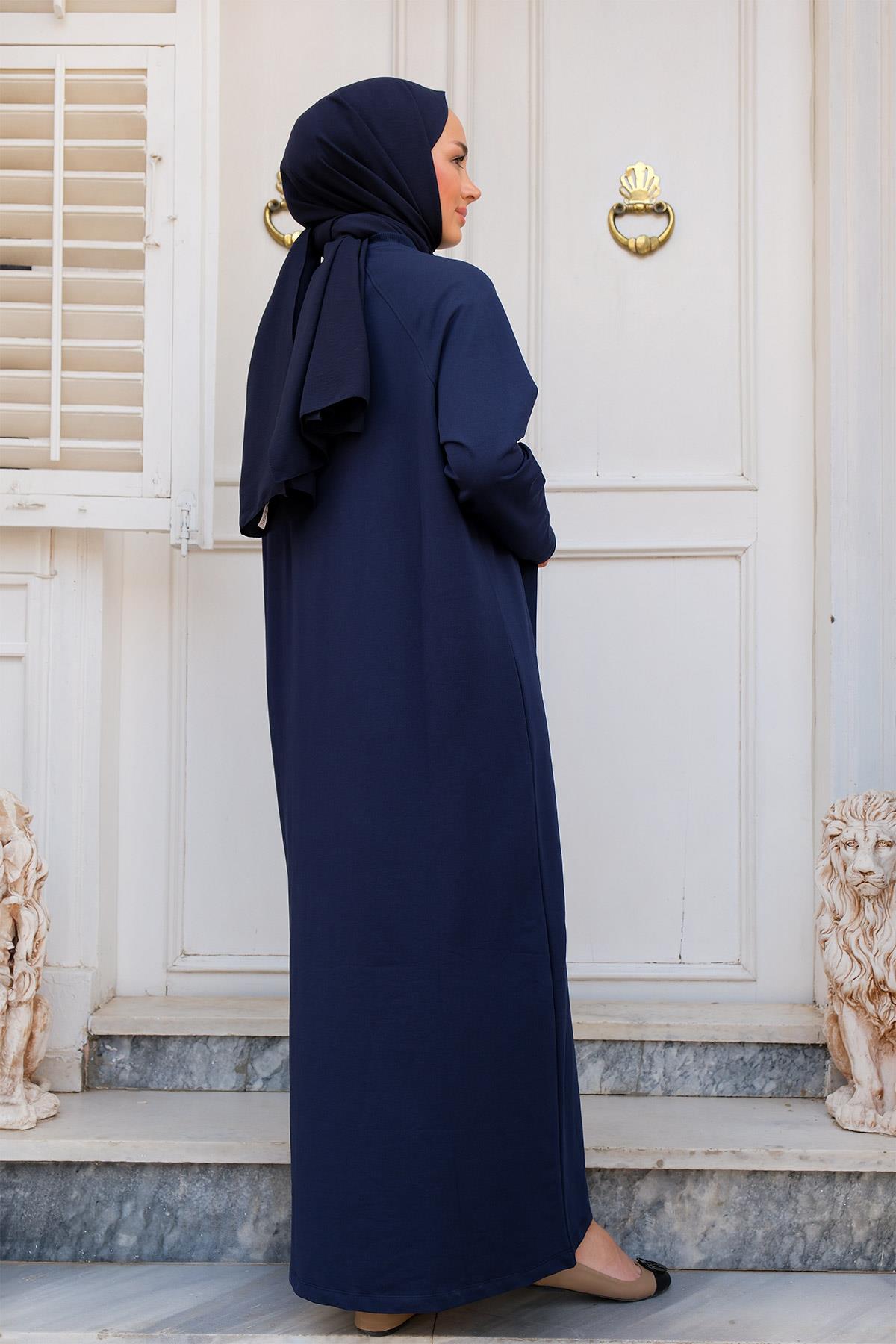 Kol Arma Detaylı Bisiklet Yaka Elbise Lacivert