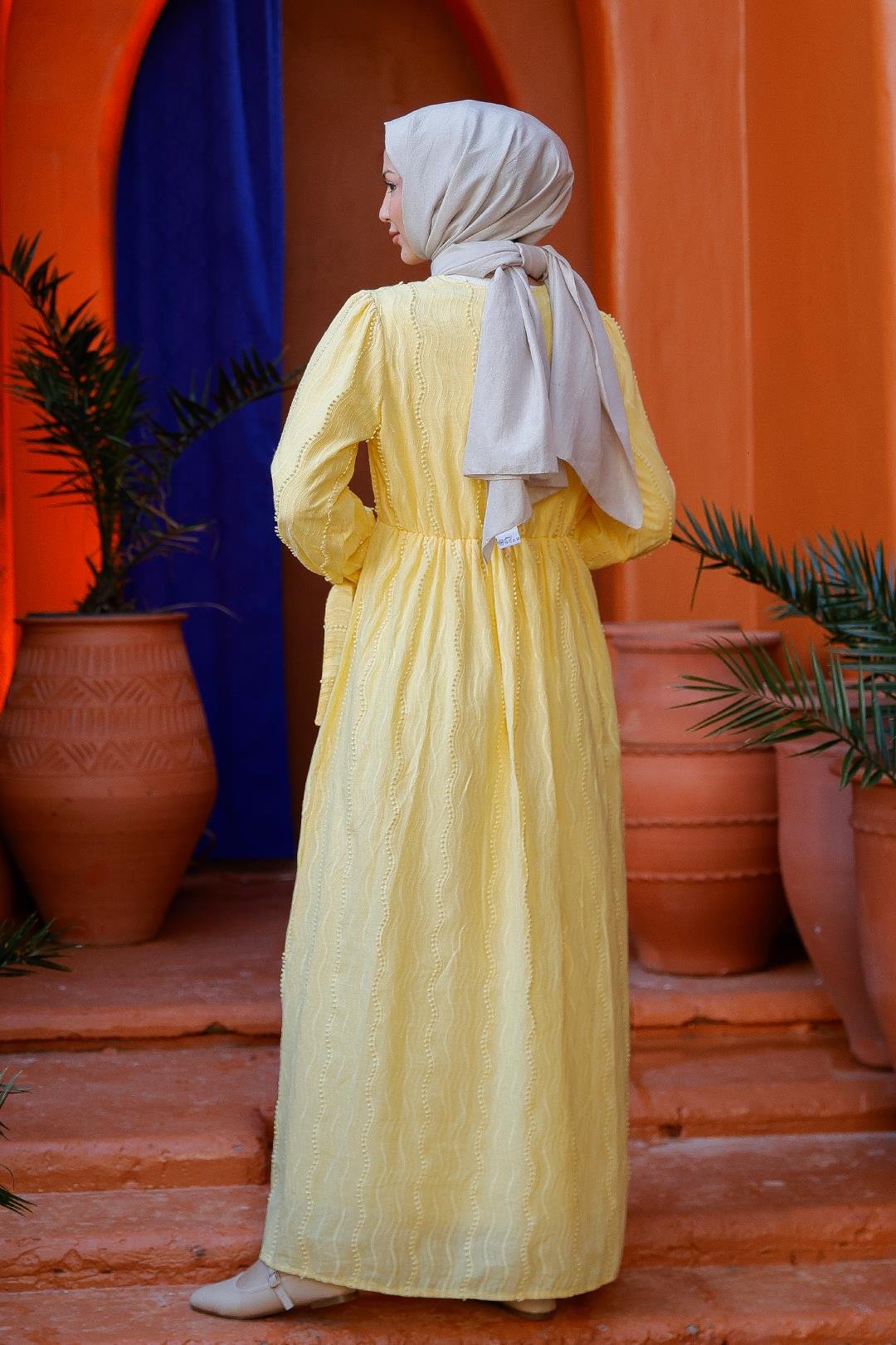 Kol Bağlamalı Jakar Elbise Sarı