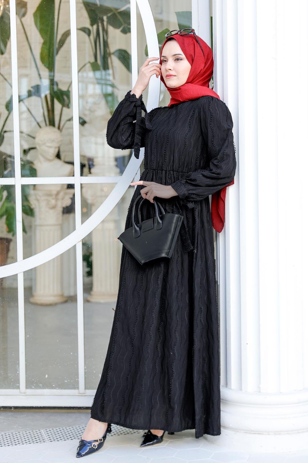 Kol Bağlamalı Jakar Elbise Siyah