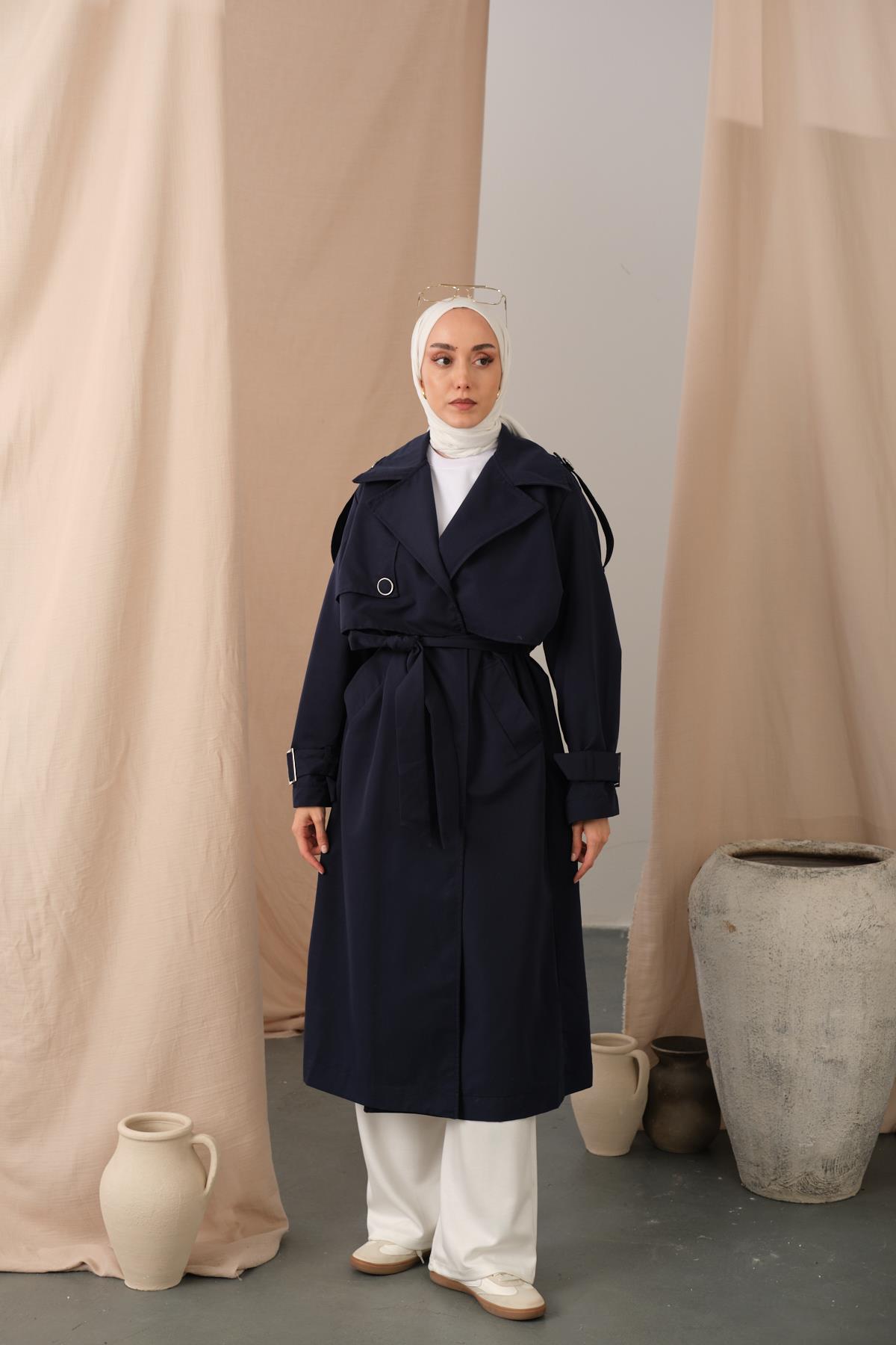 Kol Bilek Detay Bağlamalı Trençkot Lacivert