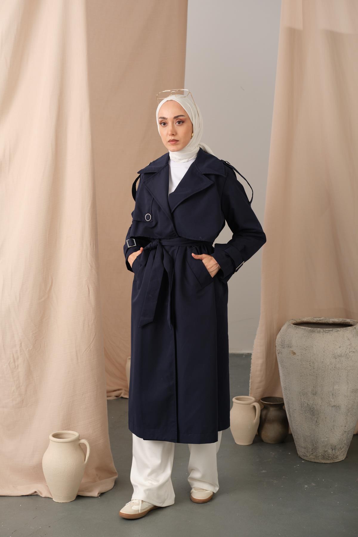 Kol Bilek Detay Bağlamalı Trençkot Lacivert