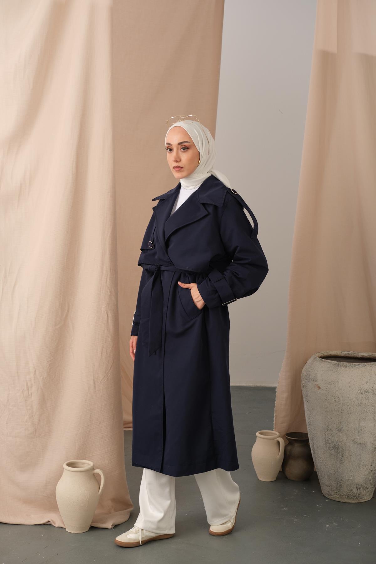 Kol Bilek Detay Bağlamalı Trençkot Lacivert