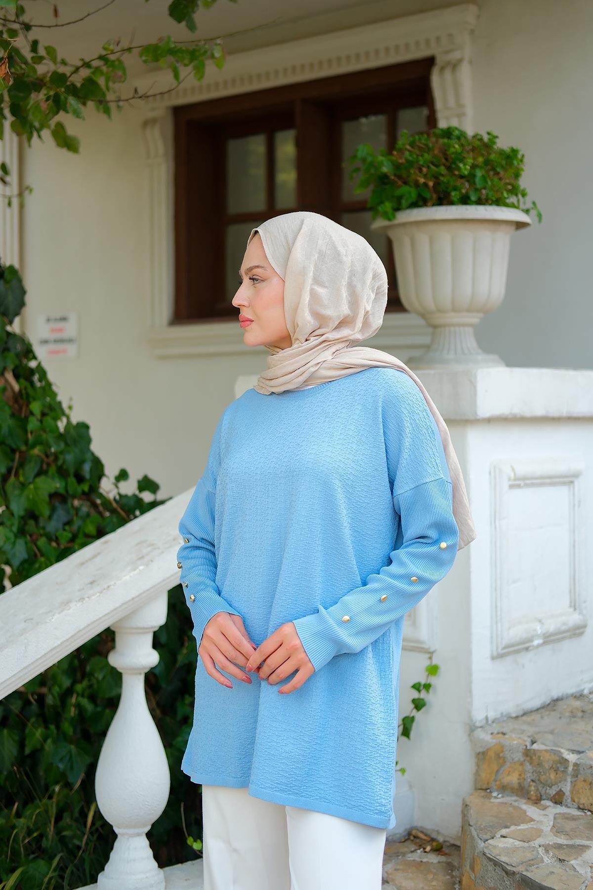 Kol Düğme Detay Kendinden Desen Tunik Bebe Mavi