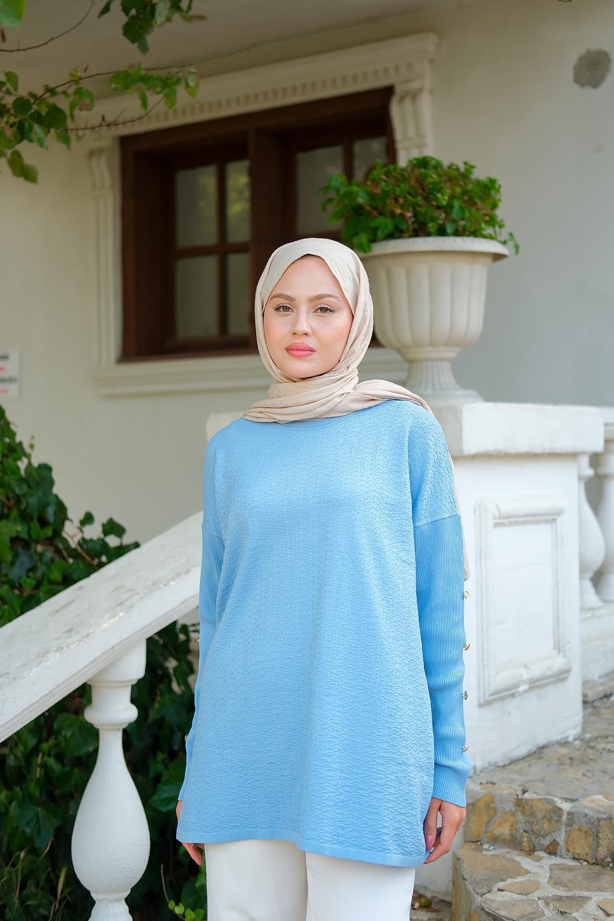 Kol Düğme Detay Kendinden Desen Tunik Bebe Mavi