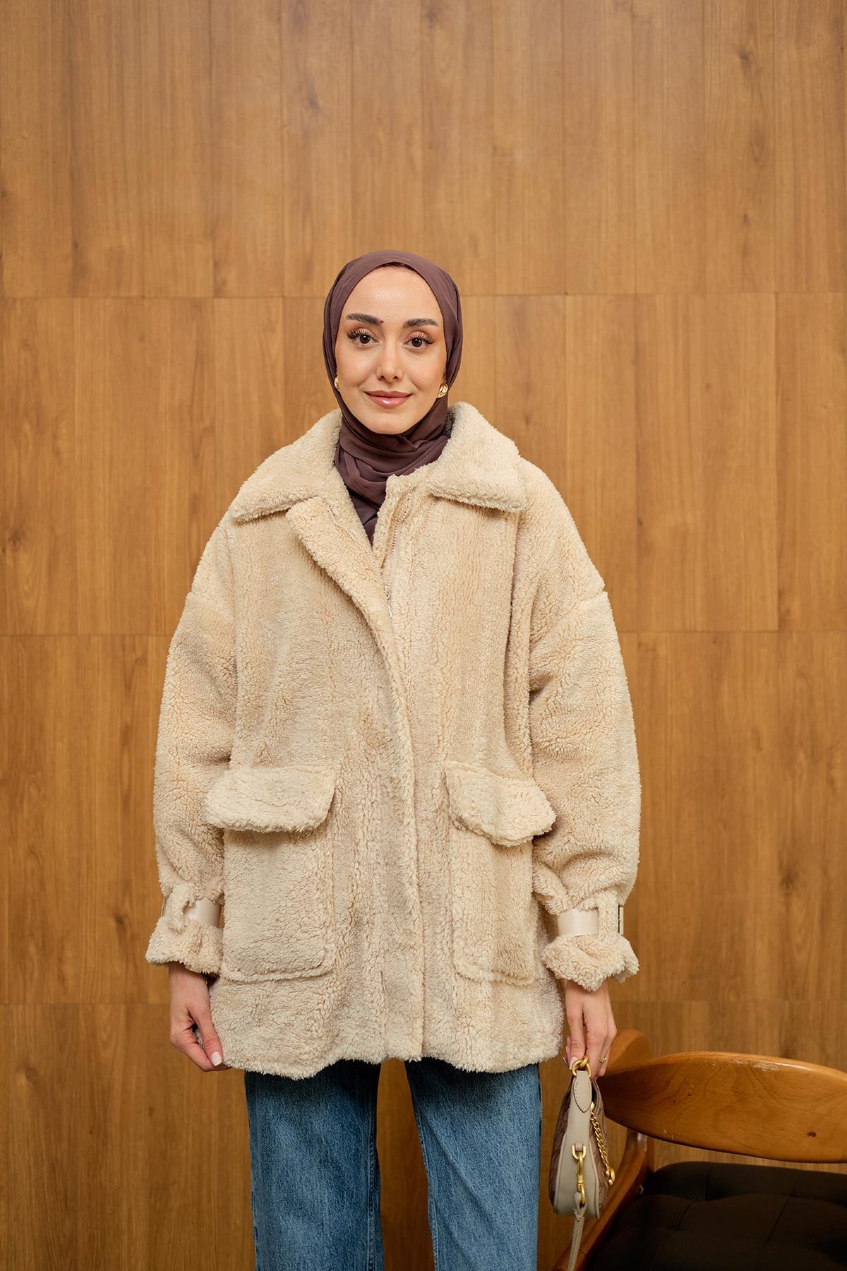 Kol Kemerli Peluş Astarlı Mont  Vizon