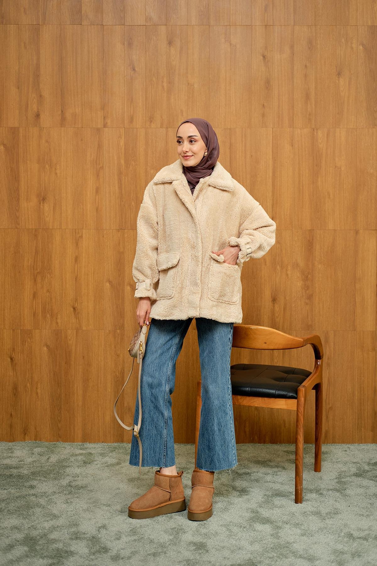 Kol Kemerli Peluş Astarlı Mont  Vizon