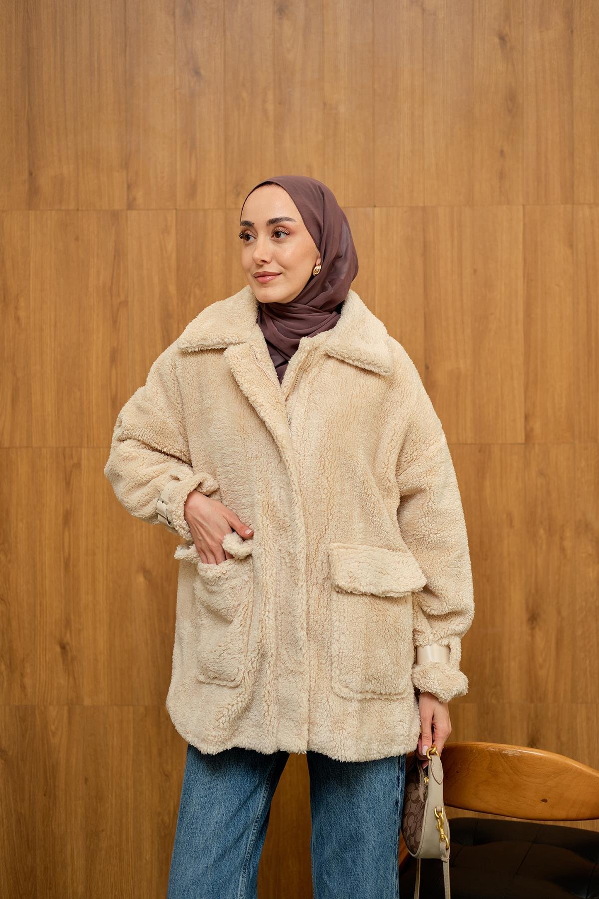 Kol Kemerli Peluş Astarlı Mont  Vizon