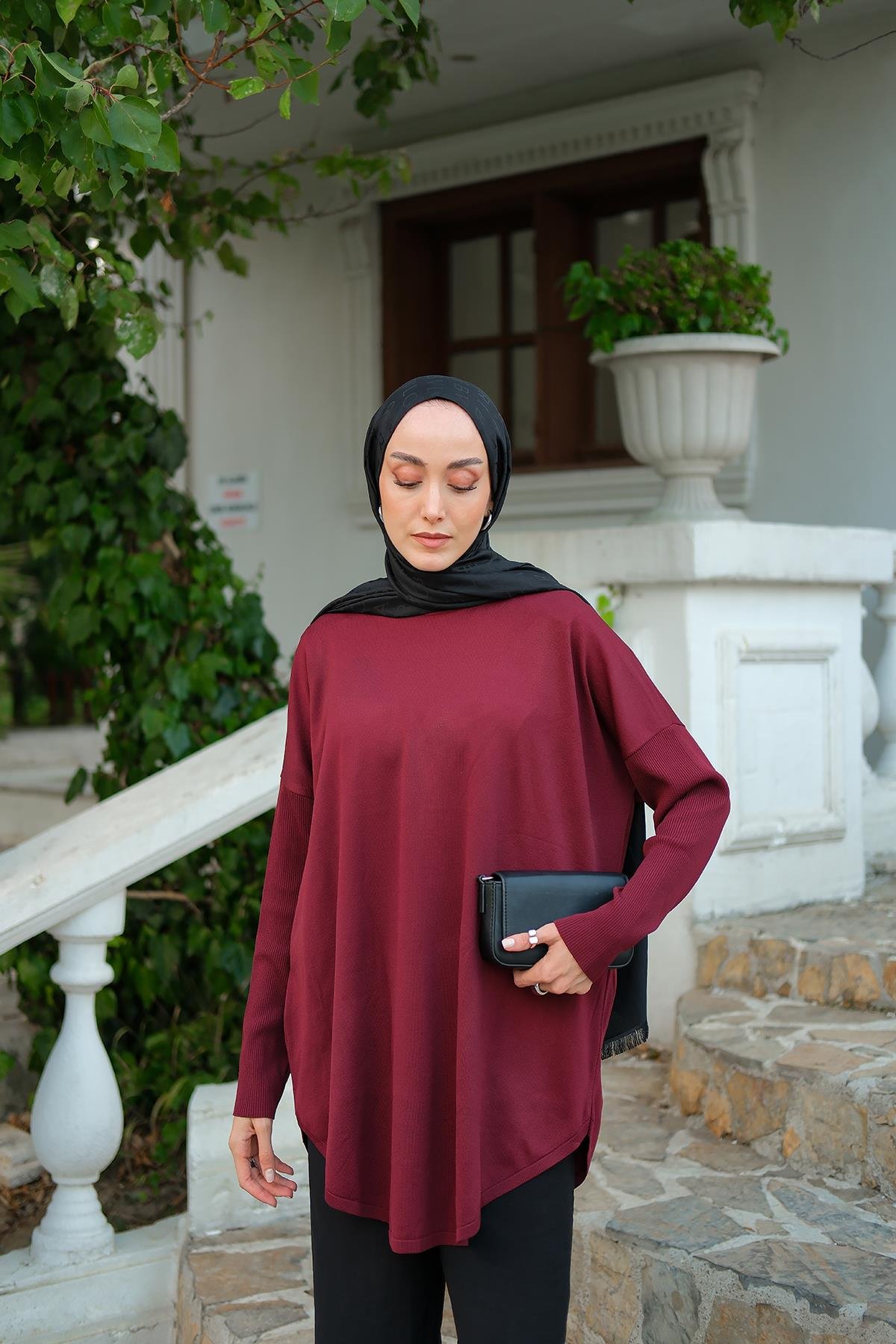 Kol Lastik Detay Tunik Bordo