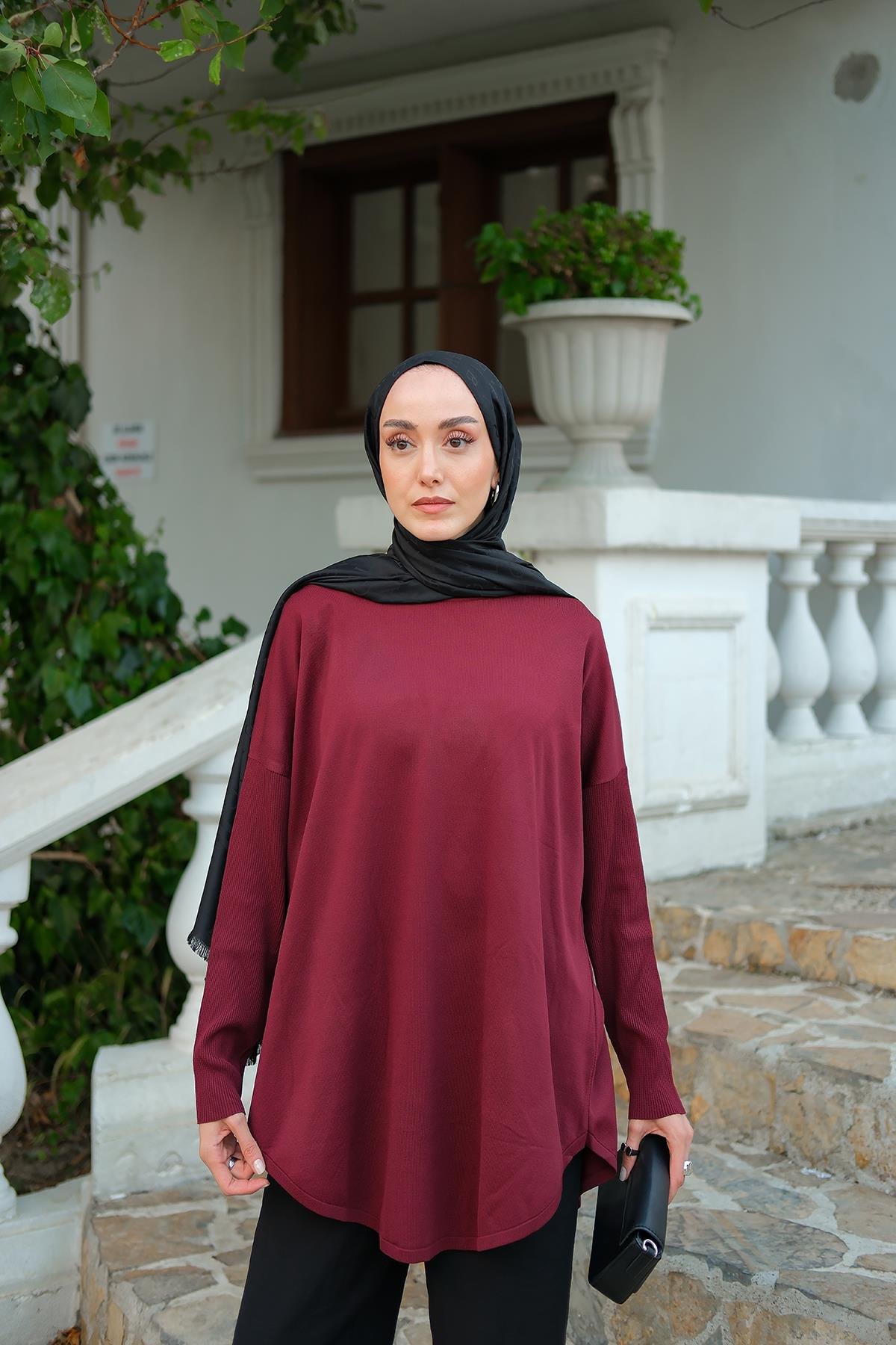 Kol Lastik Detay Tunik Bordo