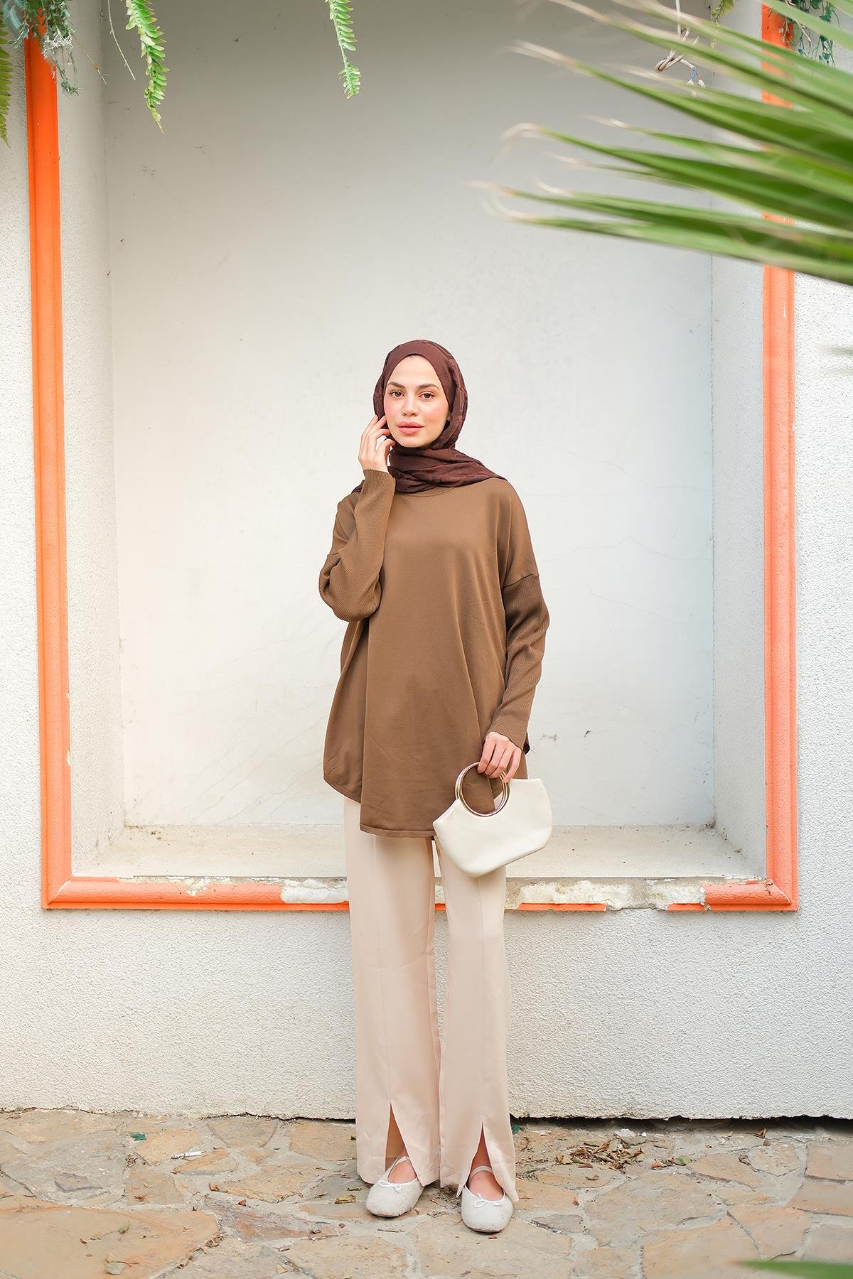 Kol Lastik Detay Tunik Kahverengi