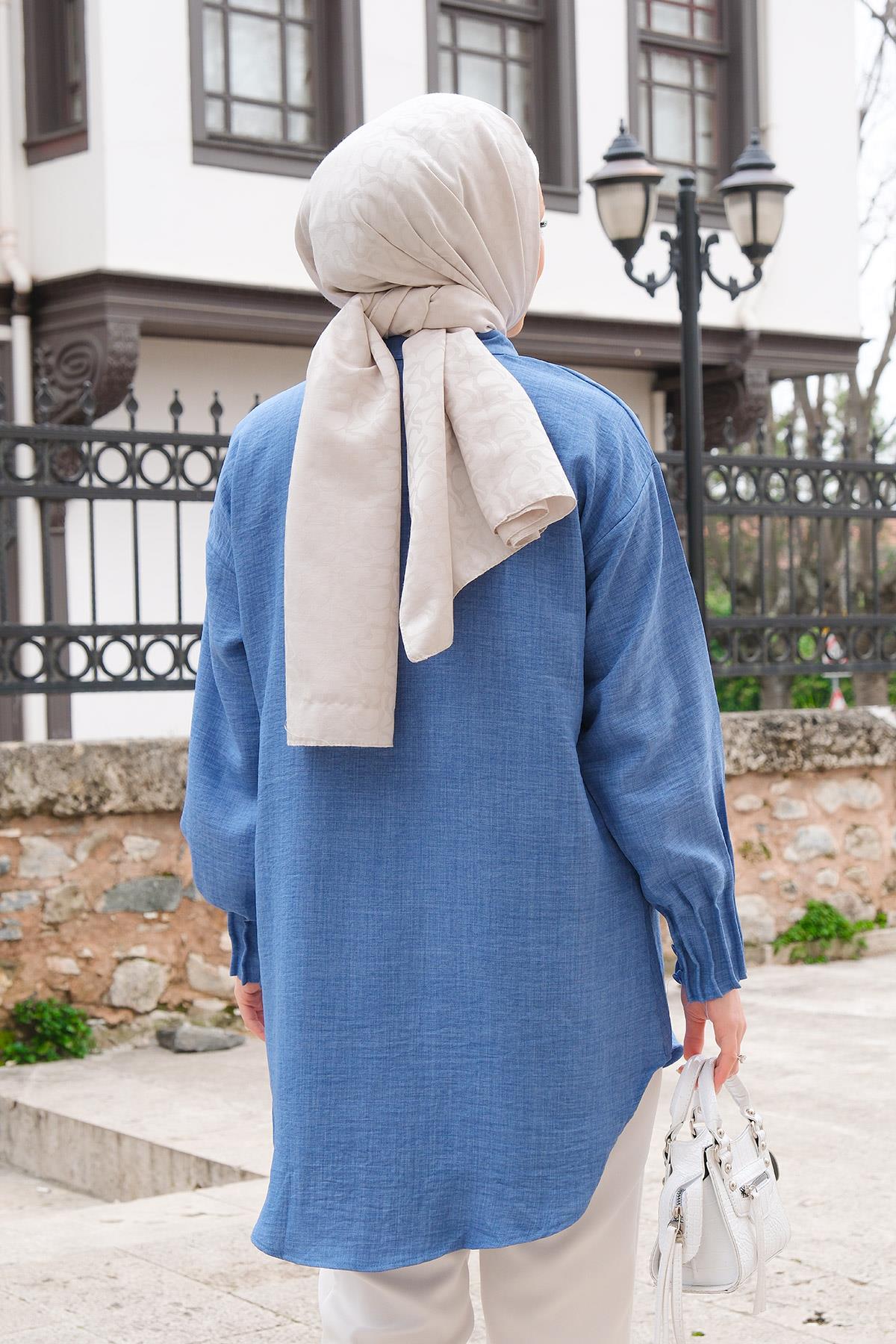 Kol Nervür Detaylı Gömlek Mavi