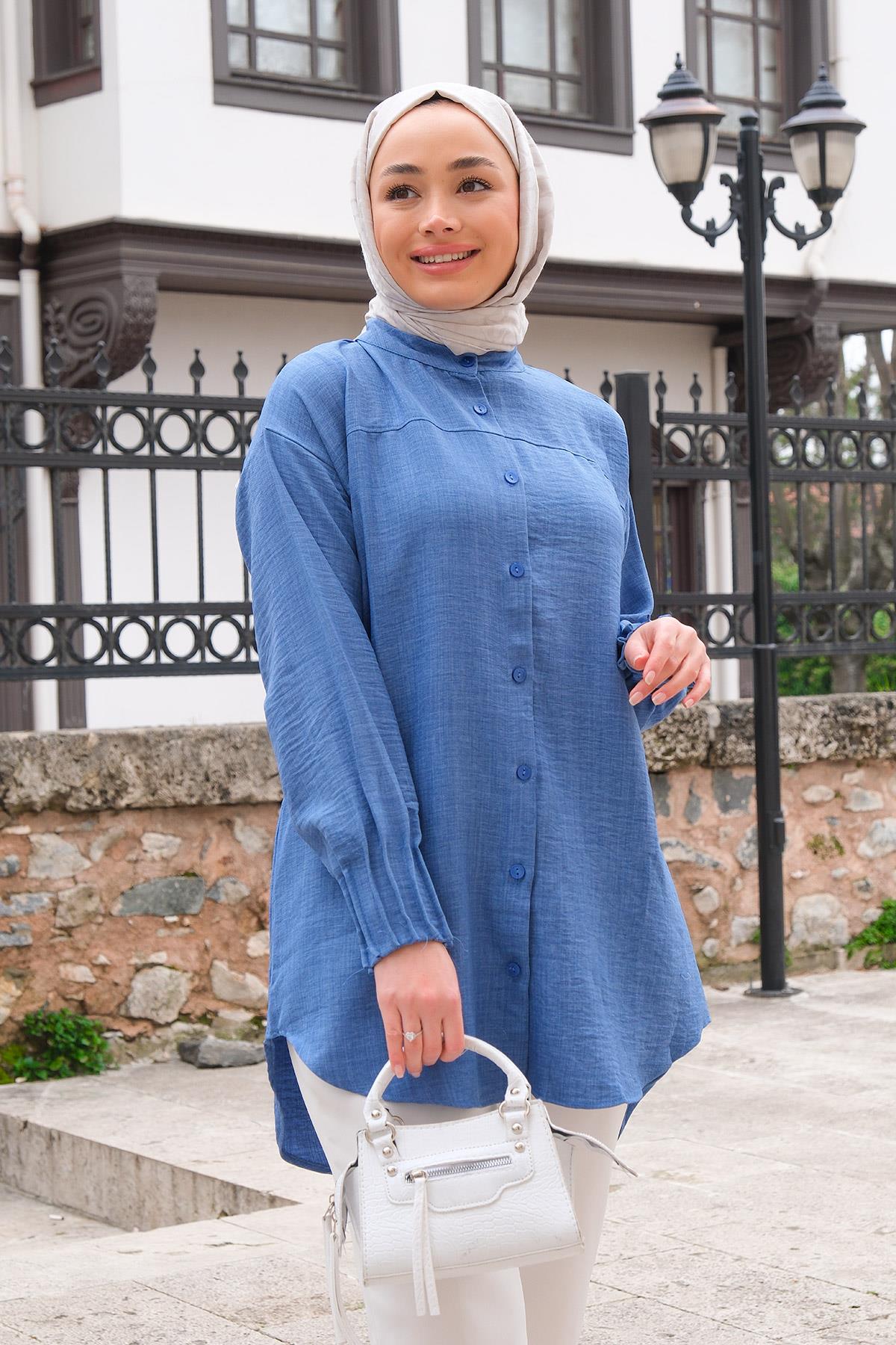 Kol Nervür Detaylı Gömlek Mavi
