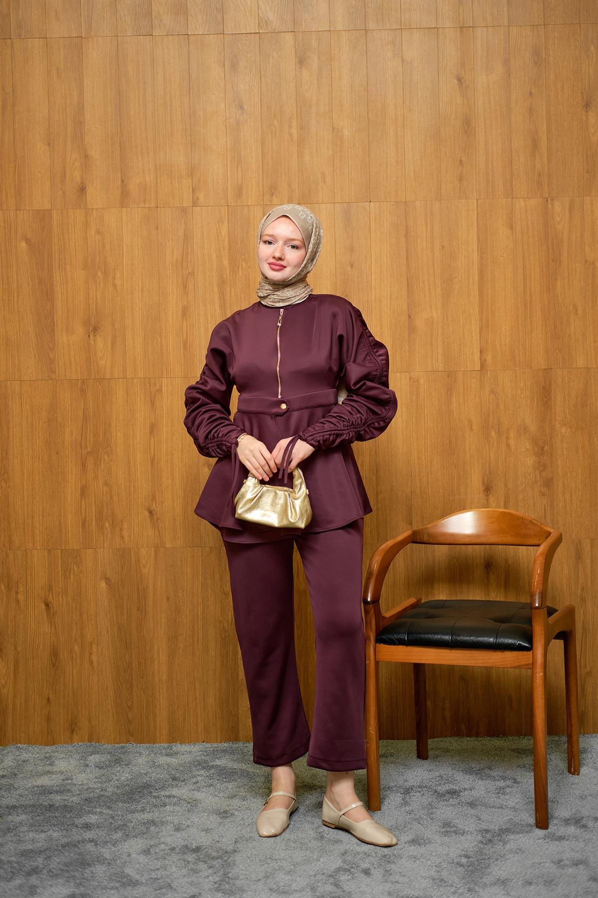 Kol Tünelli Beli Kemerli Takım Mürdüm