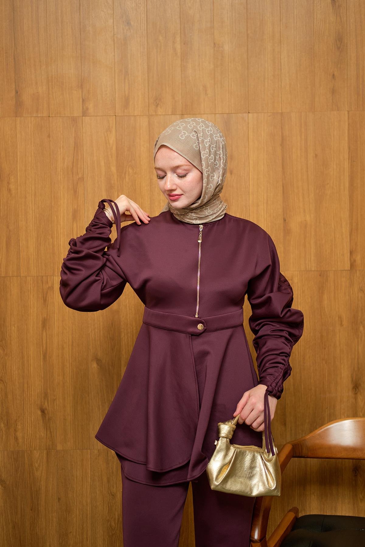 Kol Tünelli Beli Kemerli Takım Mürdüm