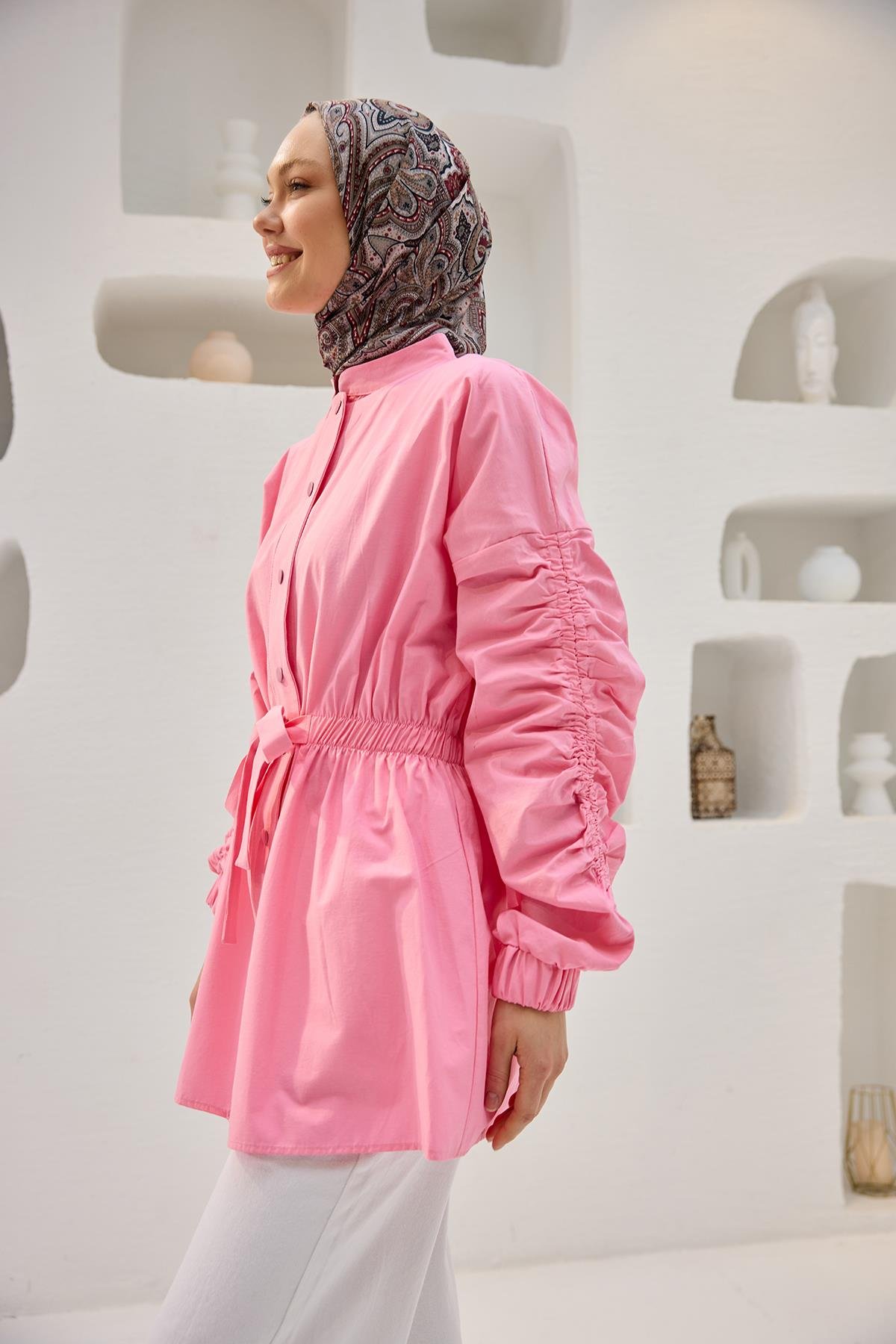 Kol Ve Bel Büzgülü Çıt Çıt Detaylı Gömlek Pembe