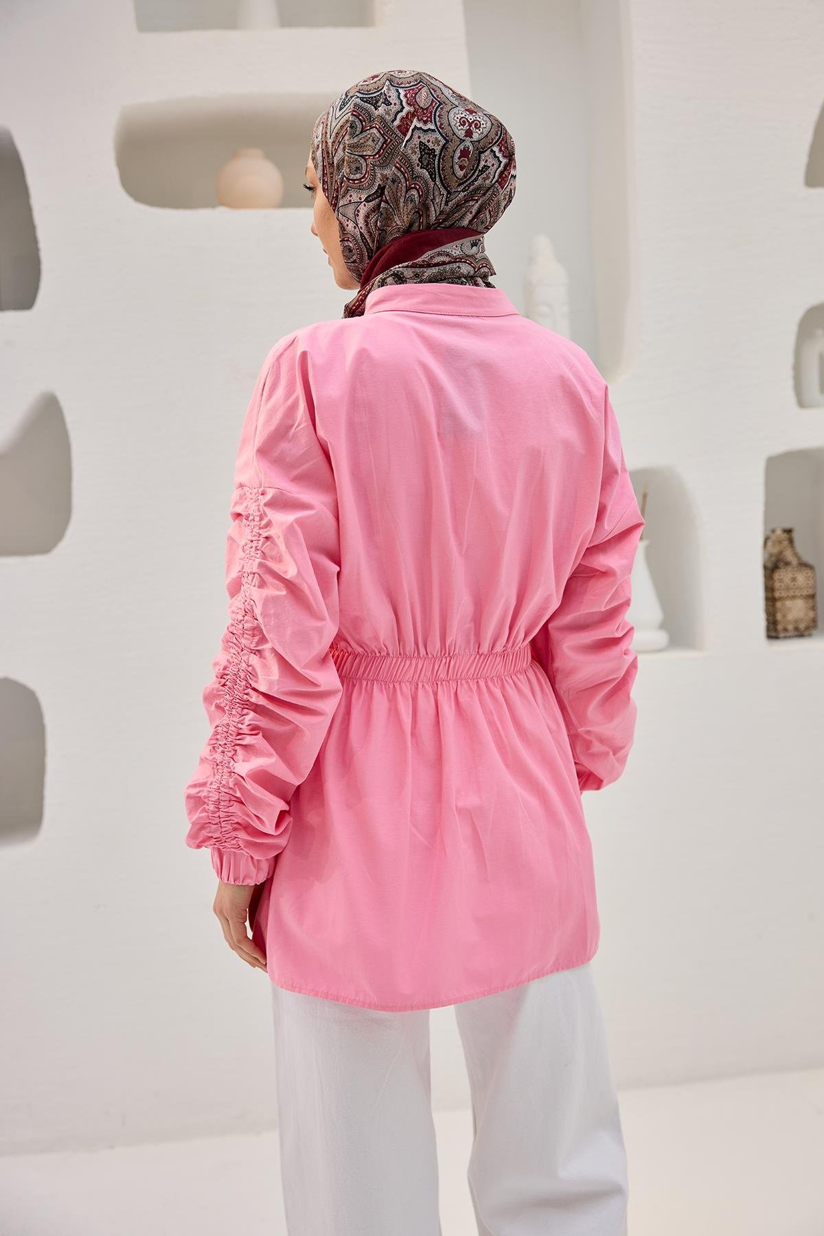 Kol Ve Bel Büzgülü Çıt Çıt Detaylı Gömlek Pembe