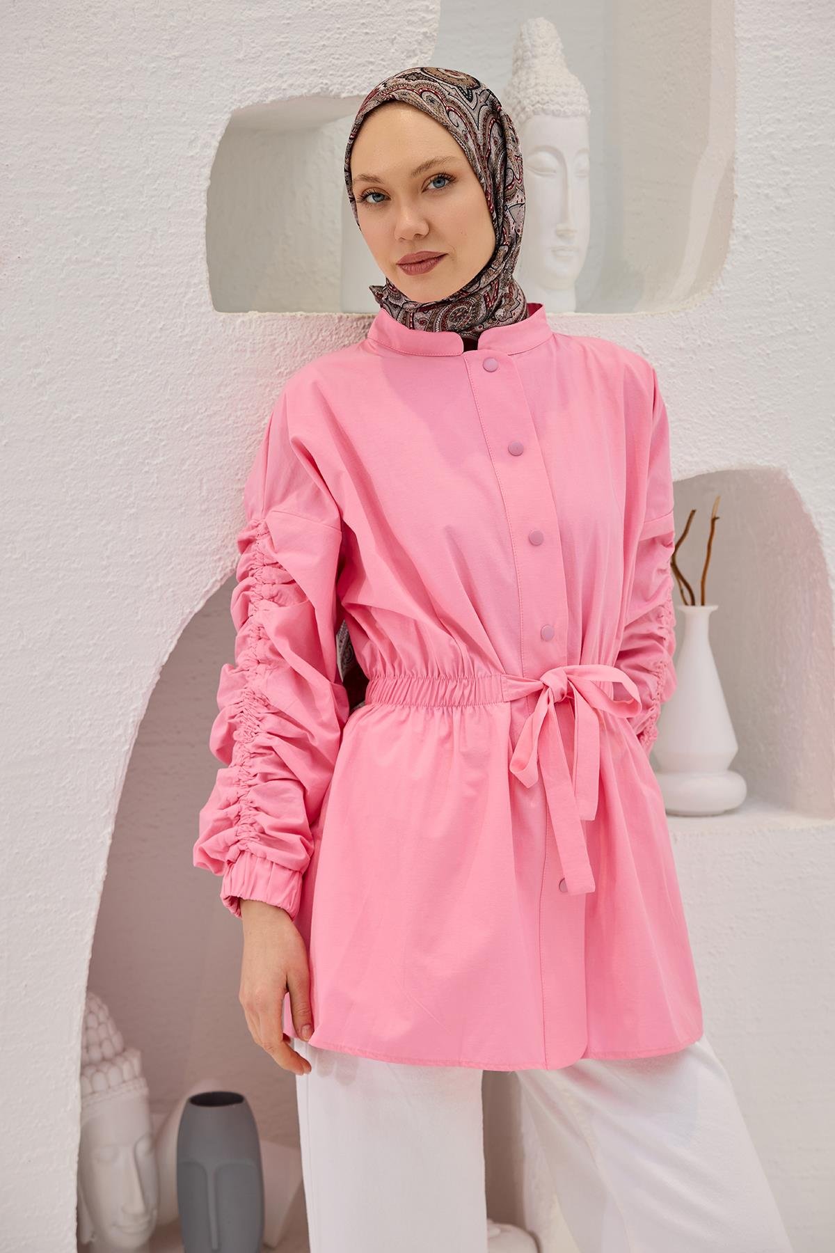 Kol Ve Bel Büzgülü Çıt Çıt Detaylı Gömlek Pembe