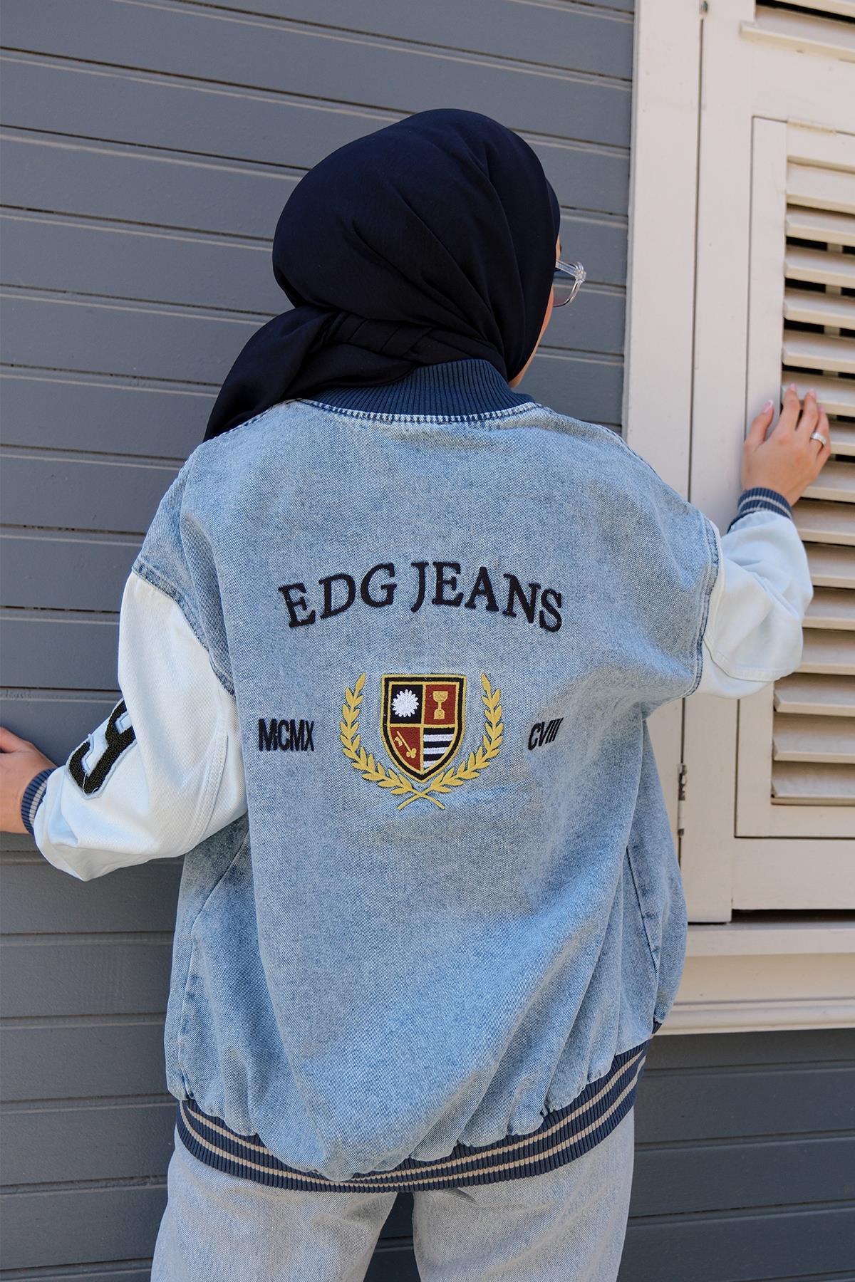 Kol ve Etek Ucu Lastikli Çıtçıtlı Denim Ceket Mavi