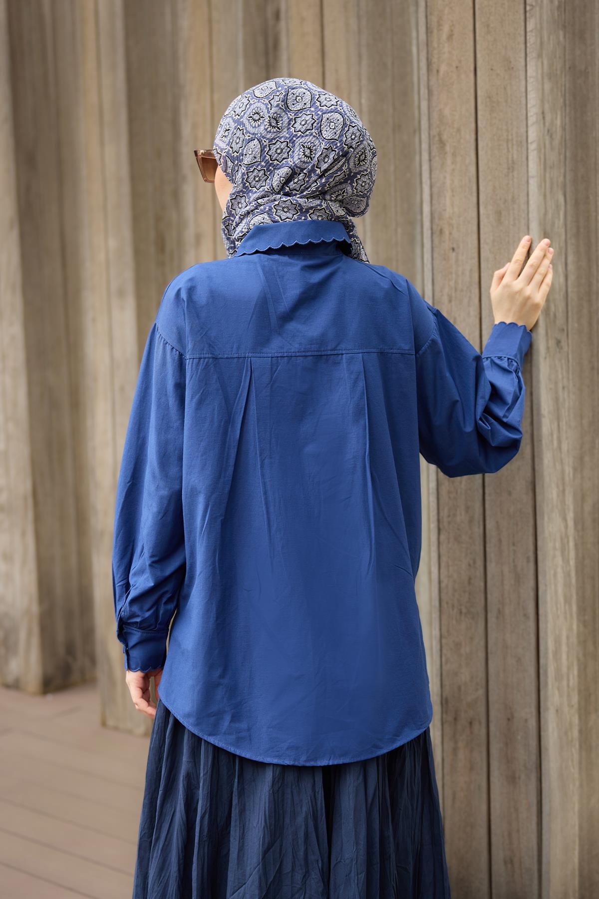 Kol Ve Nakış İşlemeli Gömlek Lacivert