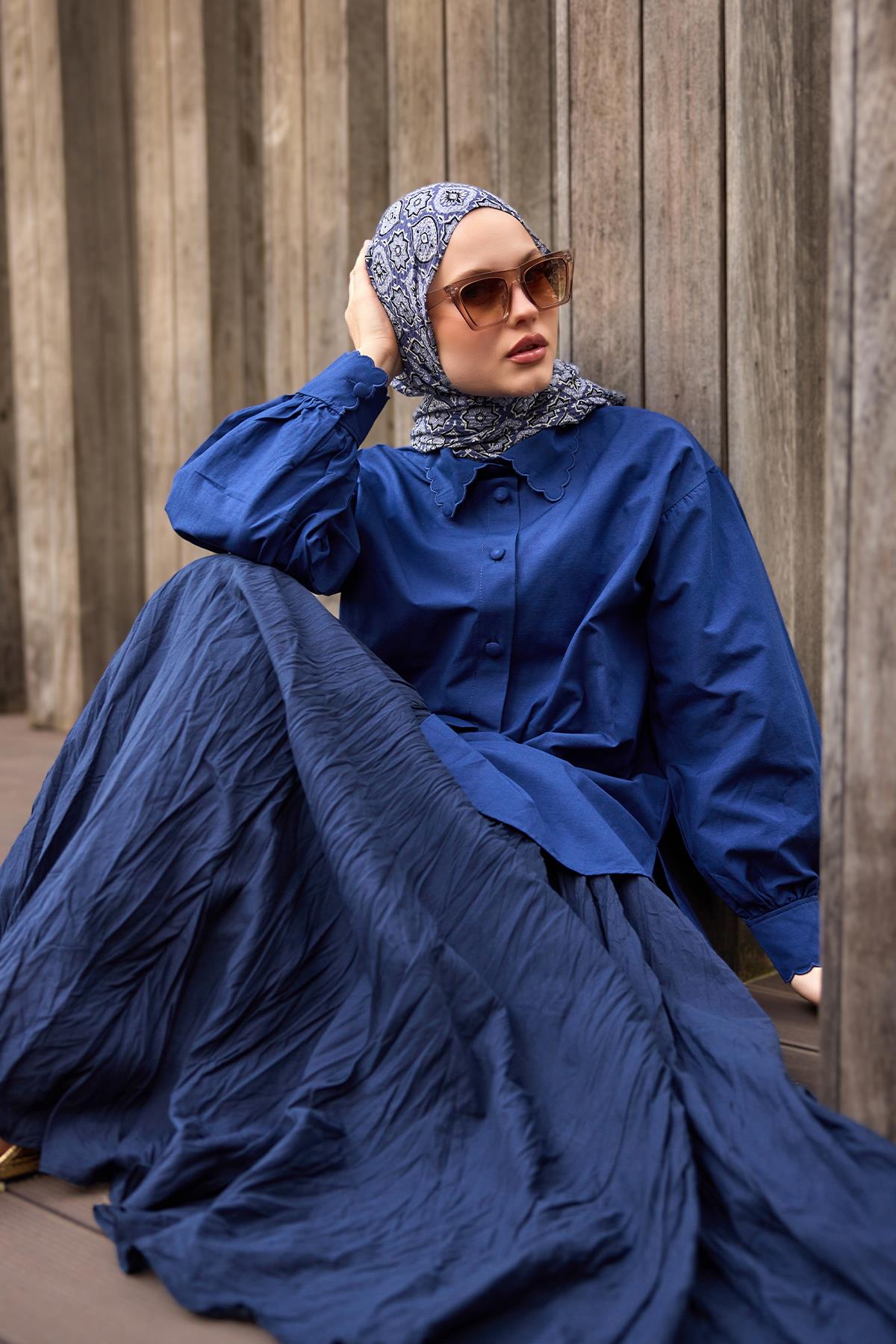 Kol Ve Nakış İşlemeli Gömlek Lacivert