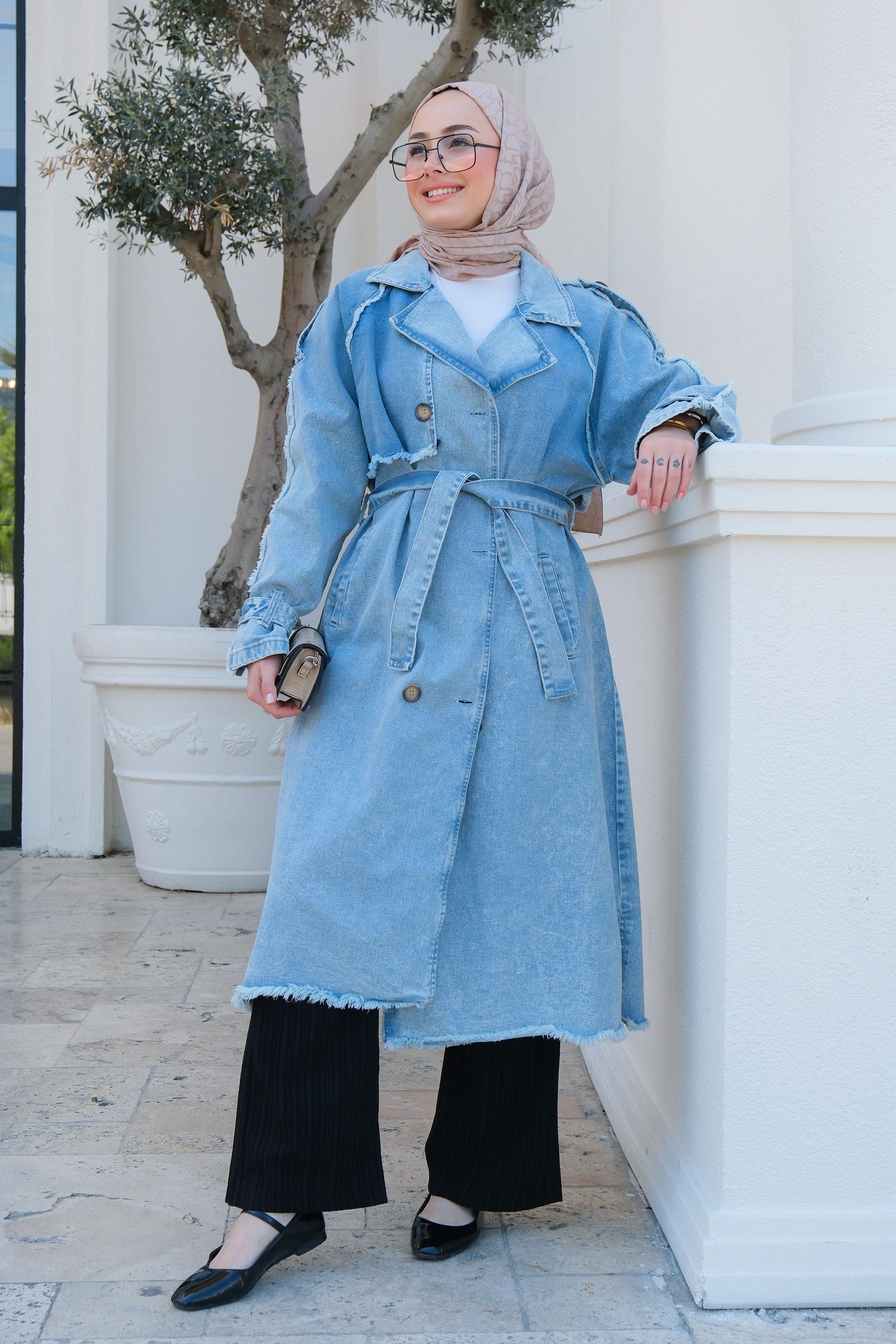 Kol ve Omuz Yırtık Detaylı Denim Trenç Buz Mavi