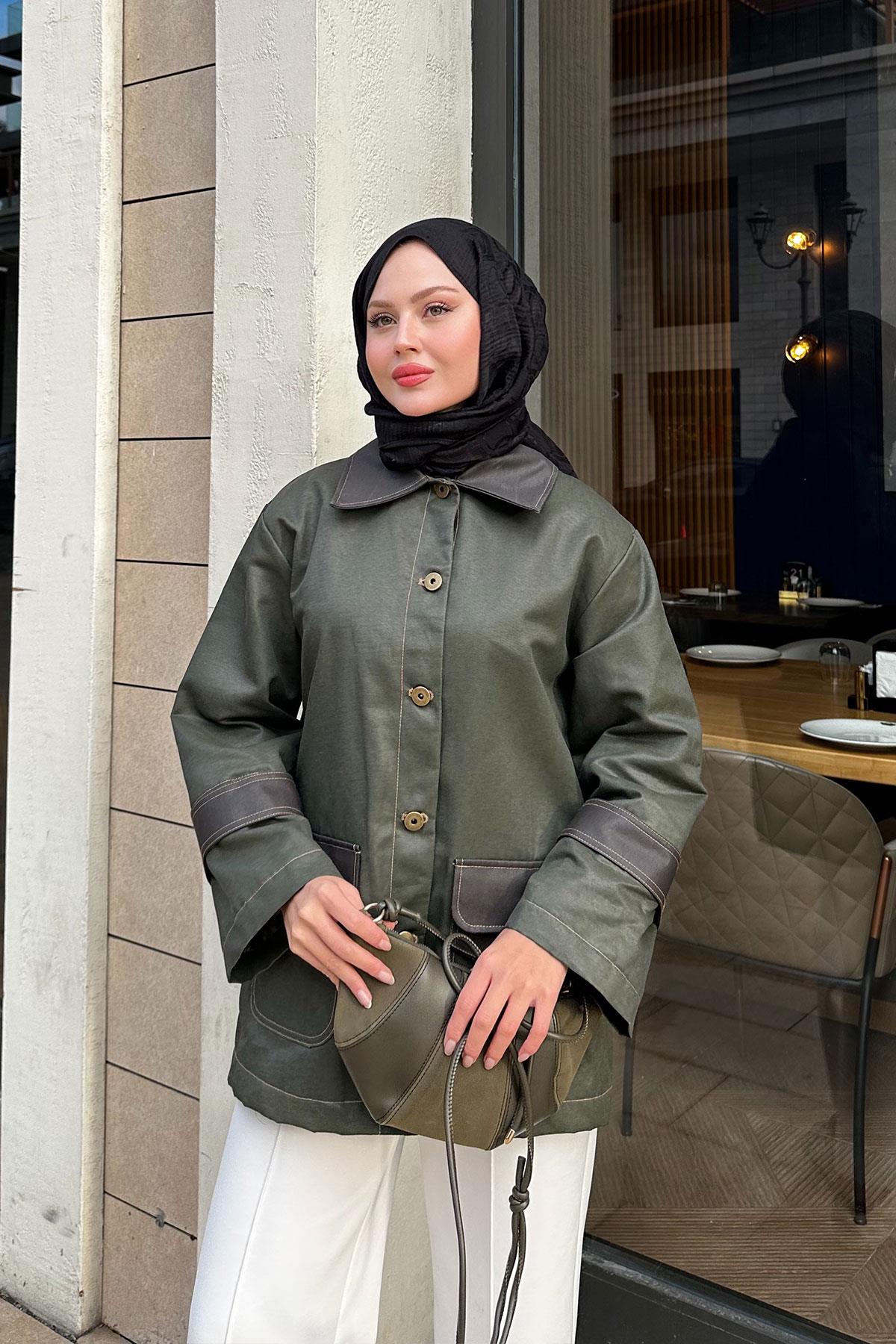 Kolları Apoletli Trenç Haki Yeşil