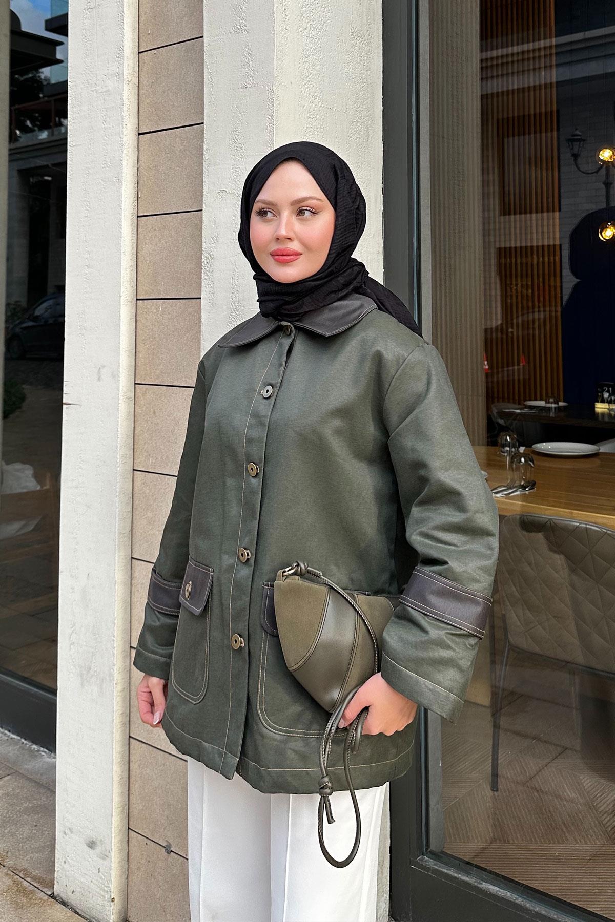 Kolları Apoletli Trenç Haki Yeşil